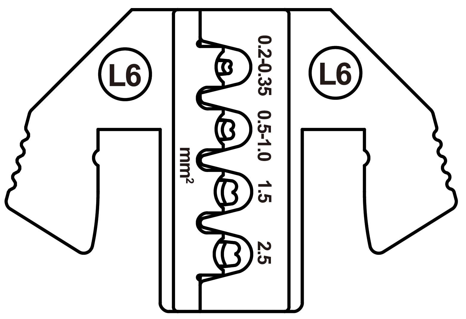 Zobrazuje odizolovací nástroj s popisem velikostí drátů: 0,2-0,35, 0,5-1,0, 1,5, 2,5 mm². Označení L6 na obou koncích.