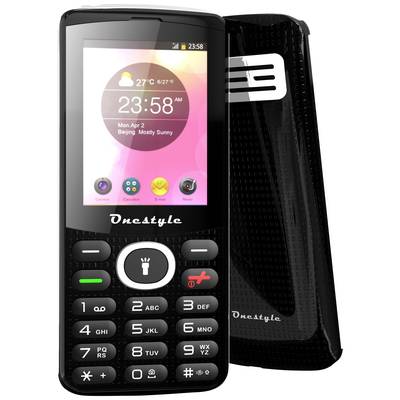 Klasický mobilní telefon s klávesnicí; na displeji jsou zobrazeny aktuální počasí a čas.