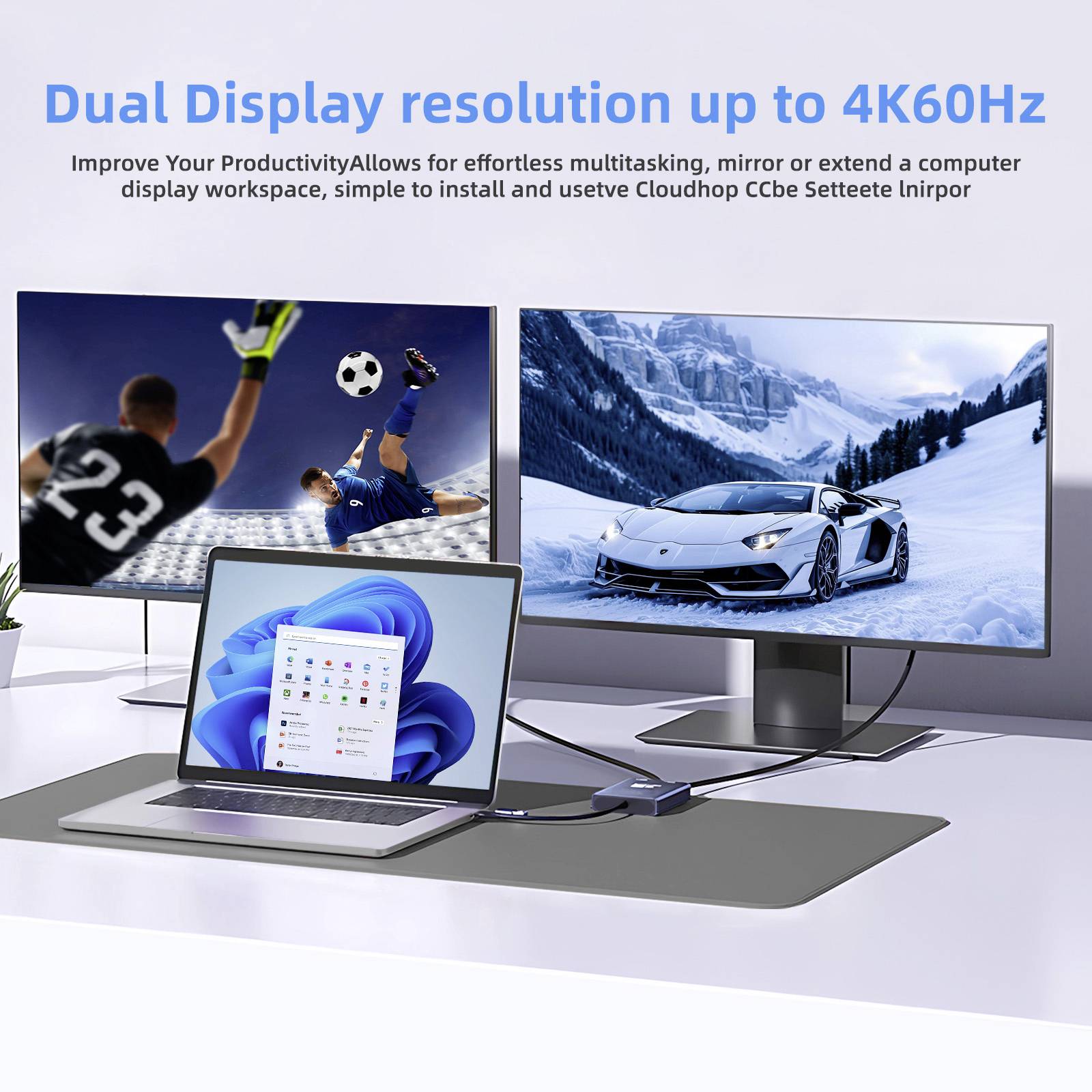 Pracovní prostor s notebookem a dvěma monitory zobrazujícími sportovní obsah a automobil, propagující 'duální zobrazení s rozlišením až 4K60Hz' pro zvýšení produktivity.