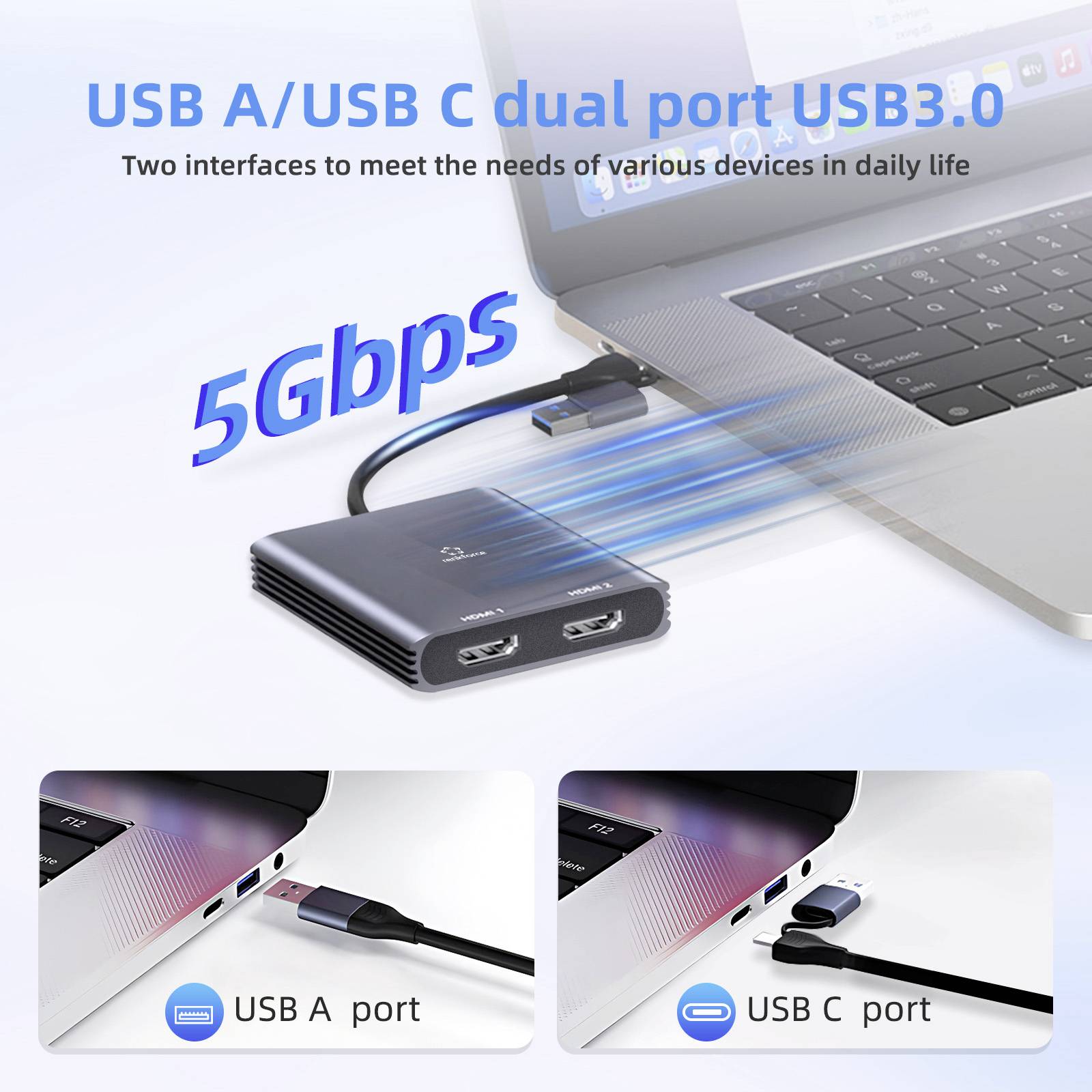 Duální adaptér USB A/USB C s rozhraním USB3.0 podporuje rychlost 5Gbps, zobrazen s připojením k notebooku přes porty USB A a USB C pro různá zařízení.