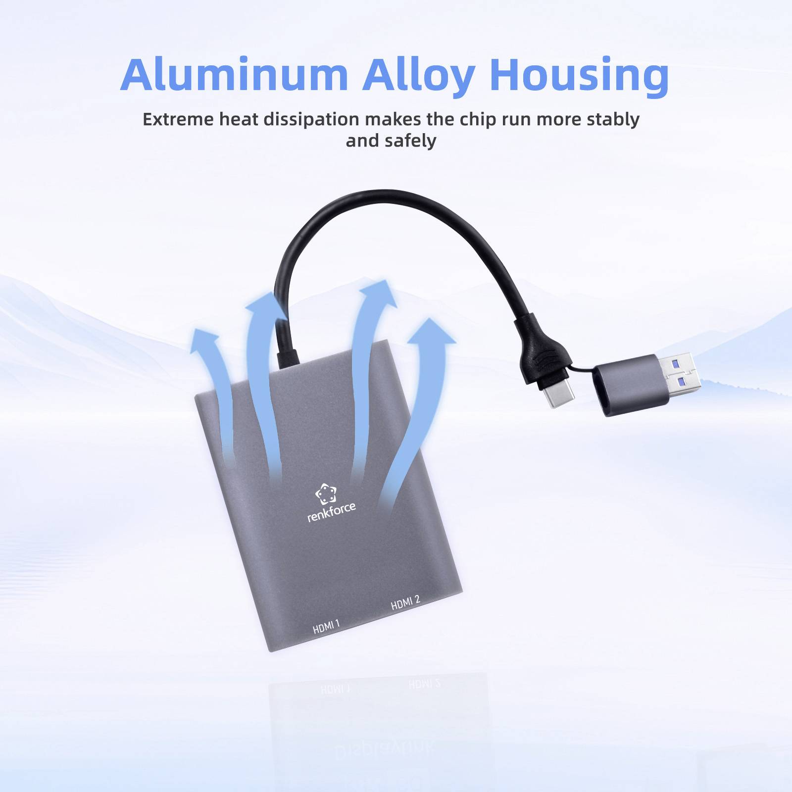 Adaptér s krytem z hliníkové slitiny zobrazující rozptýlení tepla, připojený k zařízením USB a HDMI. Text zdůrazňuje stabilitu a bezpečnost.