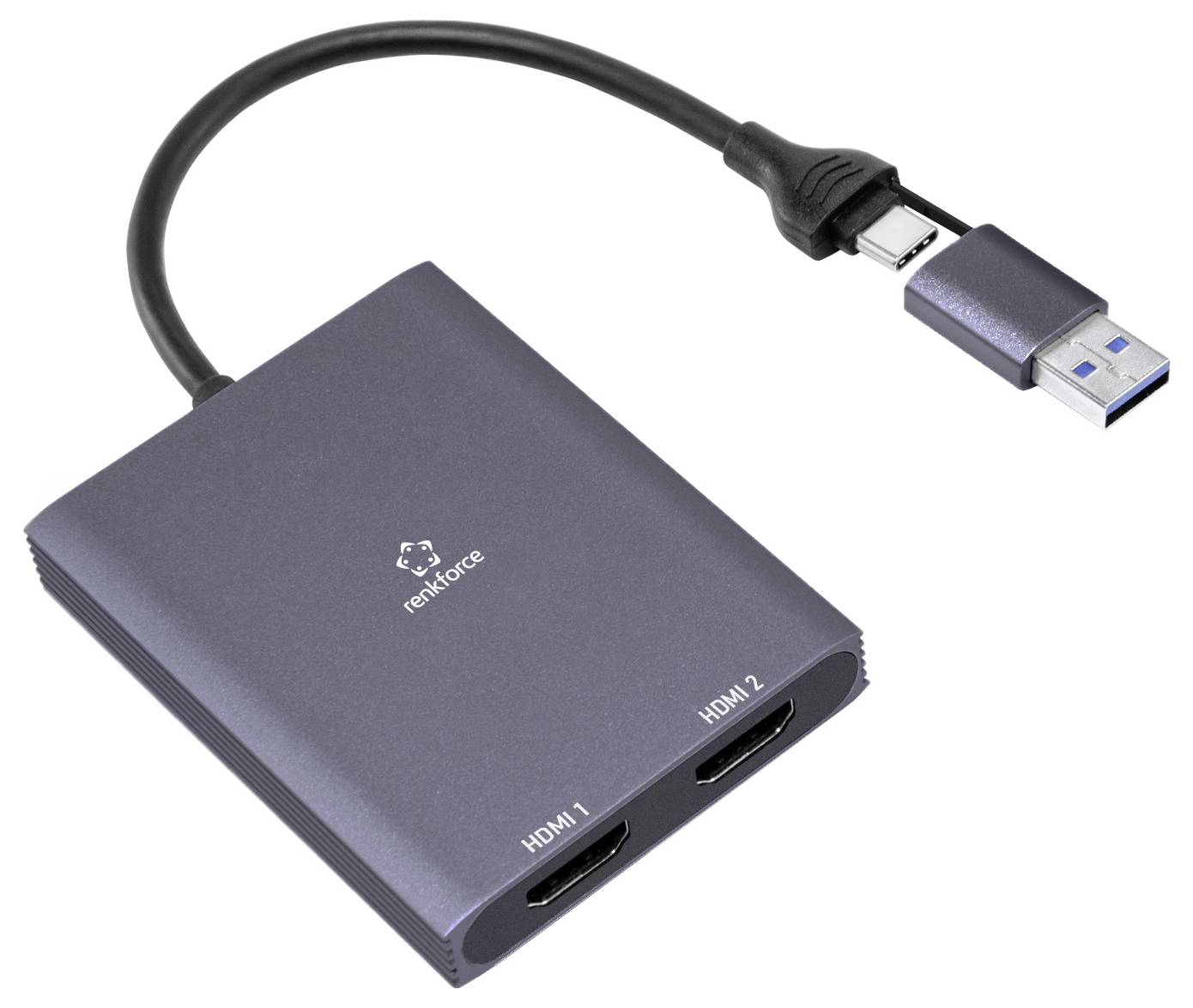 Tmavě šedý HDMI rozbočovač se dvěma HDMI porty označenými 'HDMI 1' a 'HDMI 2', připojený krátkým kabelem k USB 3.0 konektoru.