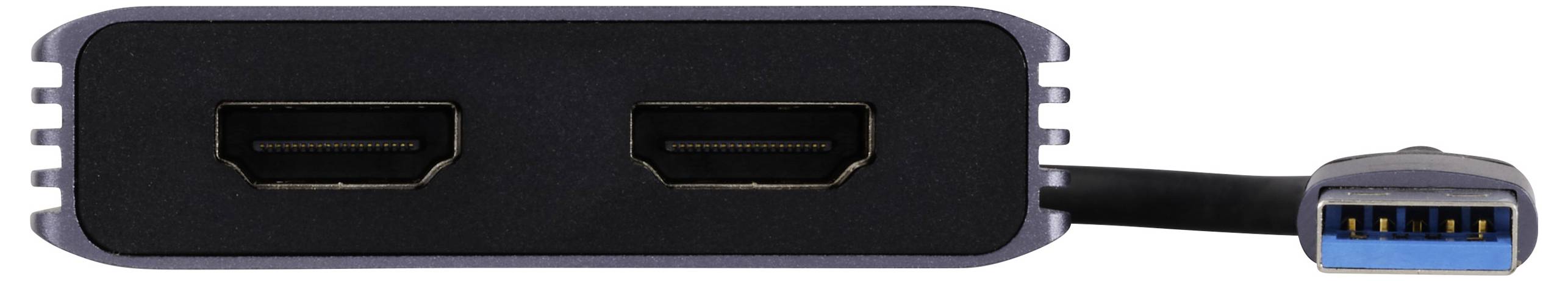 Černý USB hub se dvěma HDMI porty a modrým USB konektorem na straně, určený pro připojení několika zařízení.