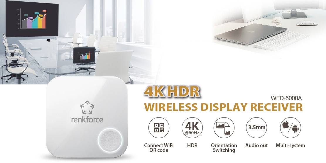 Bezdrátový 4K HDR přijímač displeje v kanceláři, zobrazující diagram na obrazovce. Funkce: Wi-Fi, 4K, HDR, audio výstup, multi-systémový.