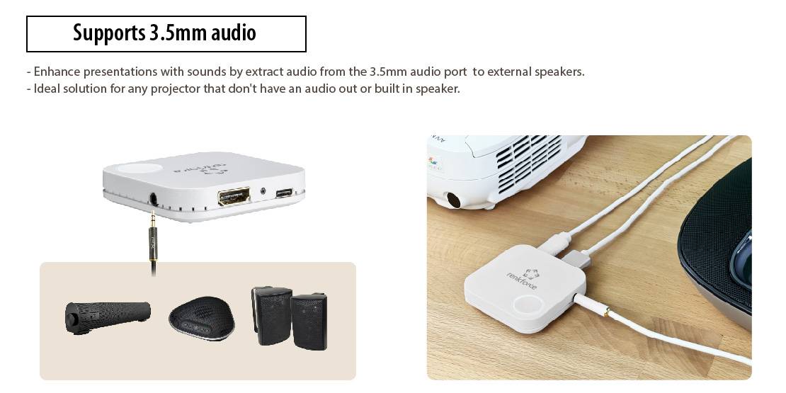 Přenosný projektor se připojuje k externím reproduktorům přes 3,5mm audio konektor. Na obrázku je projektor a připojovací kabel. Ideální pro prezentace.