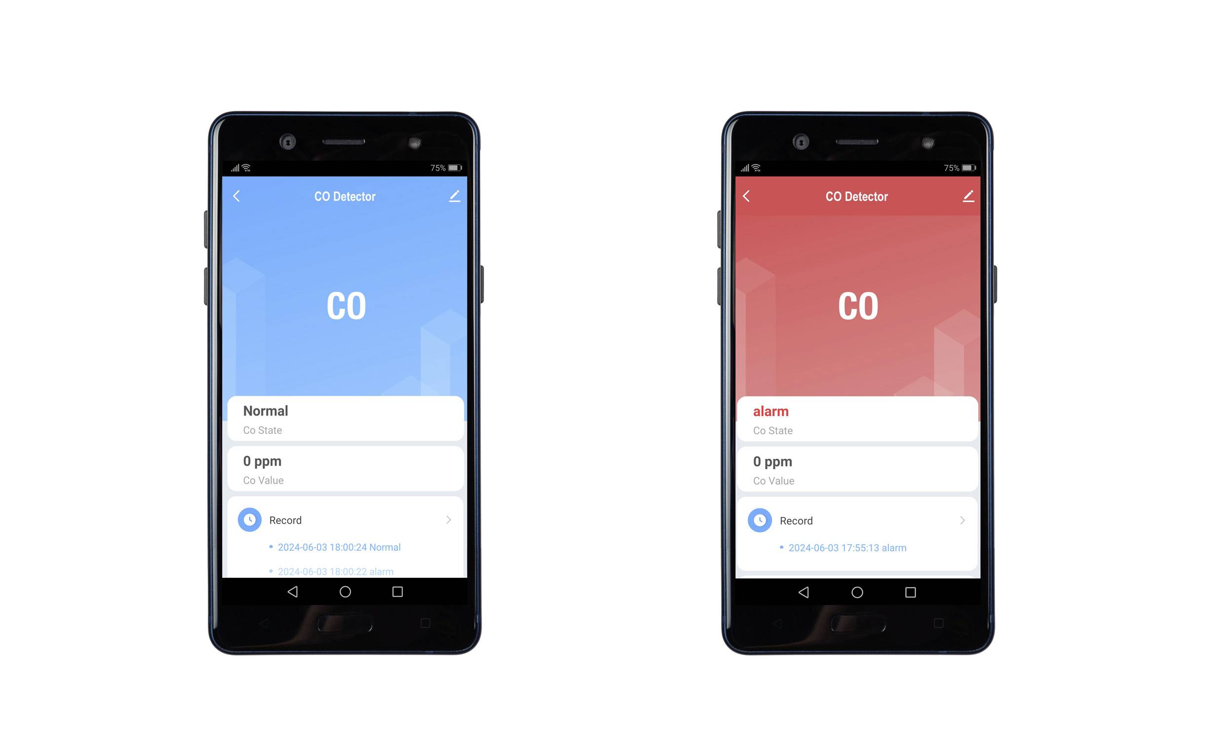 Dva smartphony s CO detektory. Vlevo: modrá obrazovka, zobrazení 'Normální', 0 ppm. Vpravo: červená obrazovka, zobrazení 'Alarm', 0 ppm.