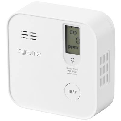 Detektor oxidu uhelnatého s digitálním displejem zobrazuje '0 ppm'. Tři světelné indikátory pro napájení, alarm a poruchu. Přítomen testovací tlačítko.