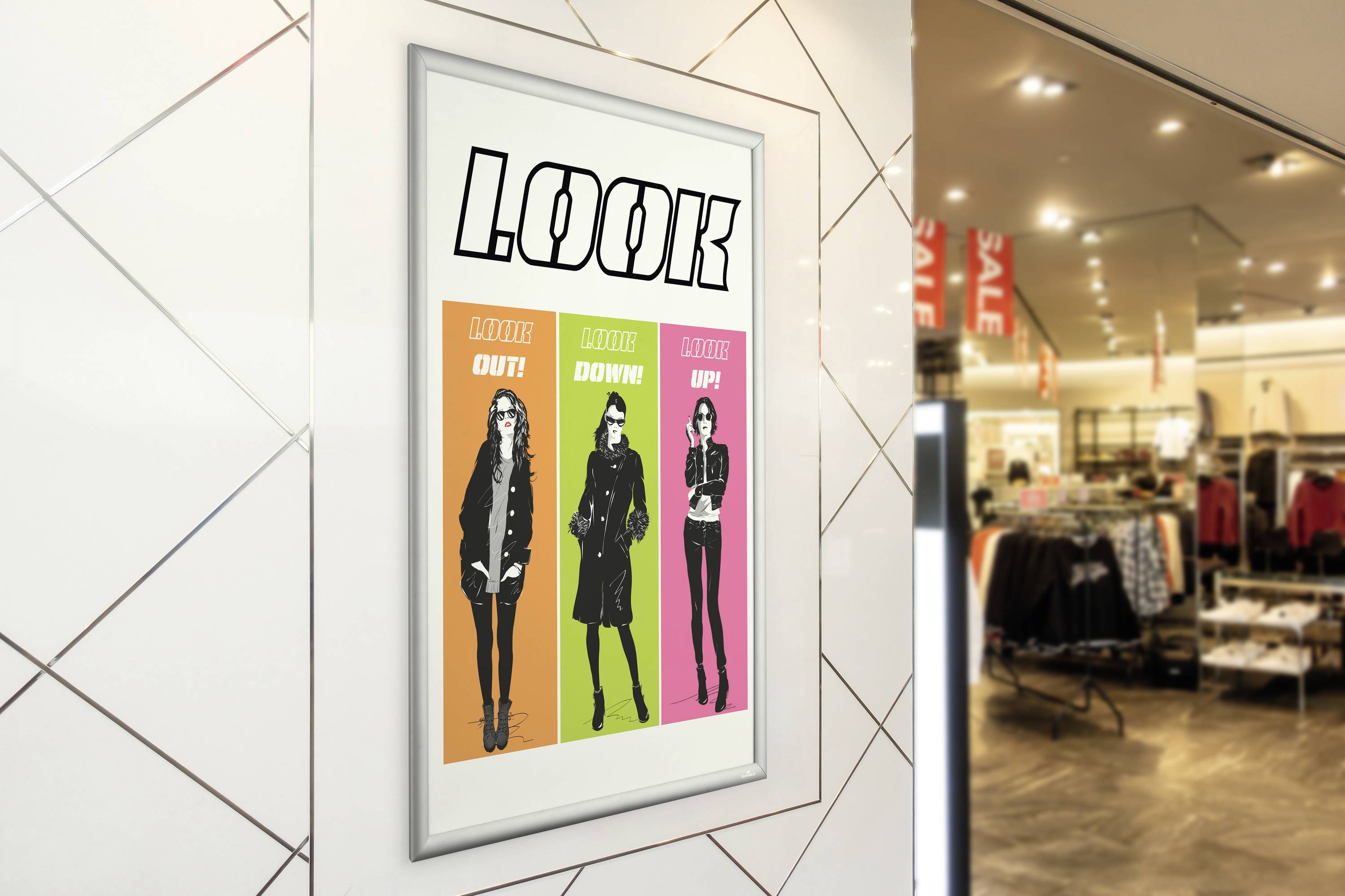Reklamní plakát se třemi modelkami v různých pózách a textem 'LOOK', 'Check Out!', 'Check Down!', 'Check Up!'. Obchod v pozadí.