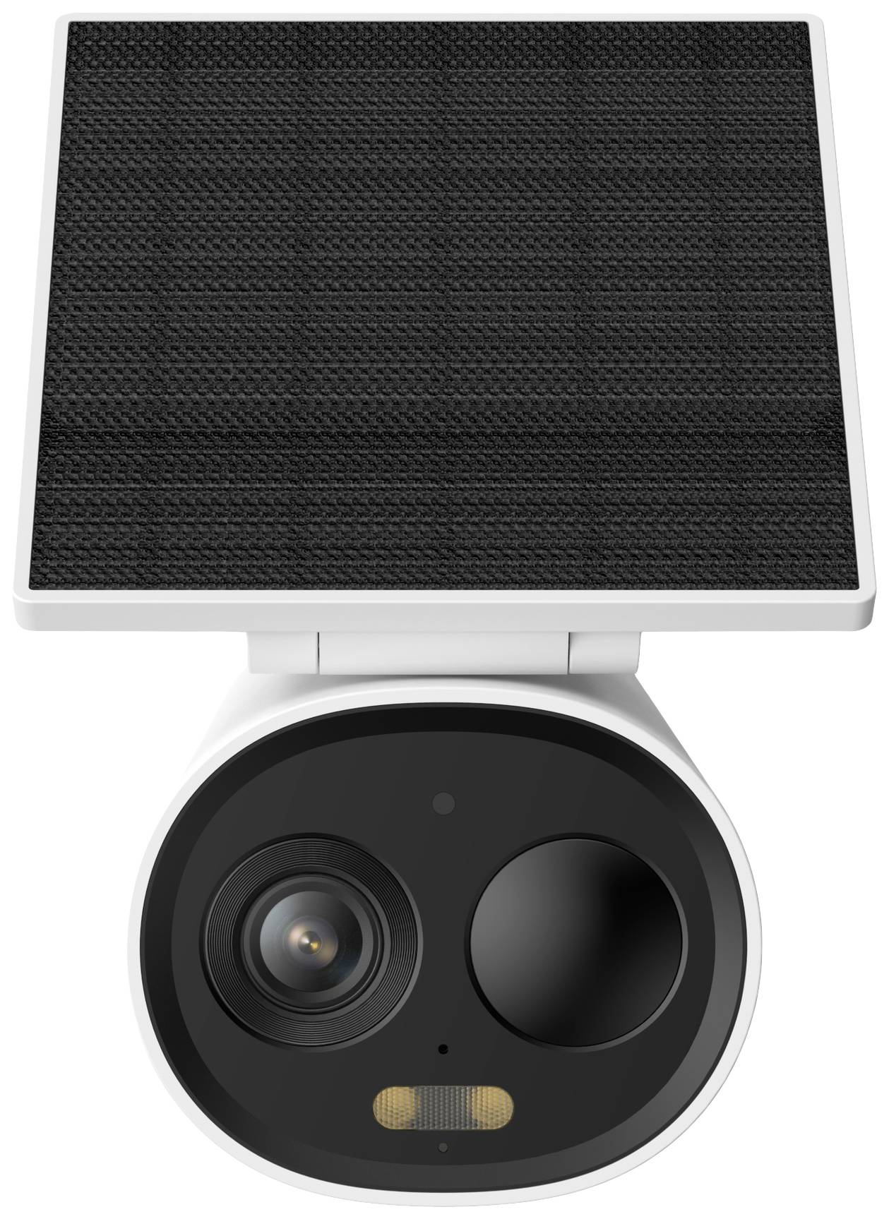 Bezpečnostní kamera se solárním panelem umístěným nahoře. Kamera má moderní, zaoblený design v černé a bílé barvě.