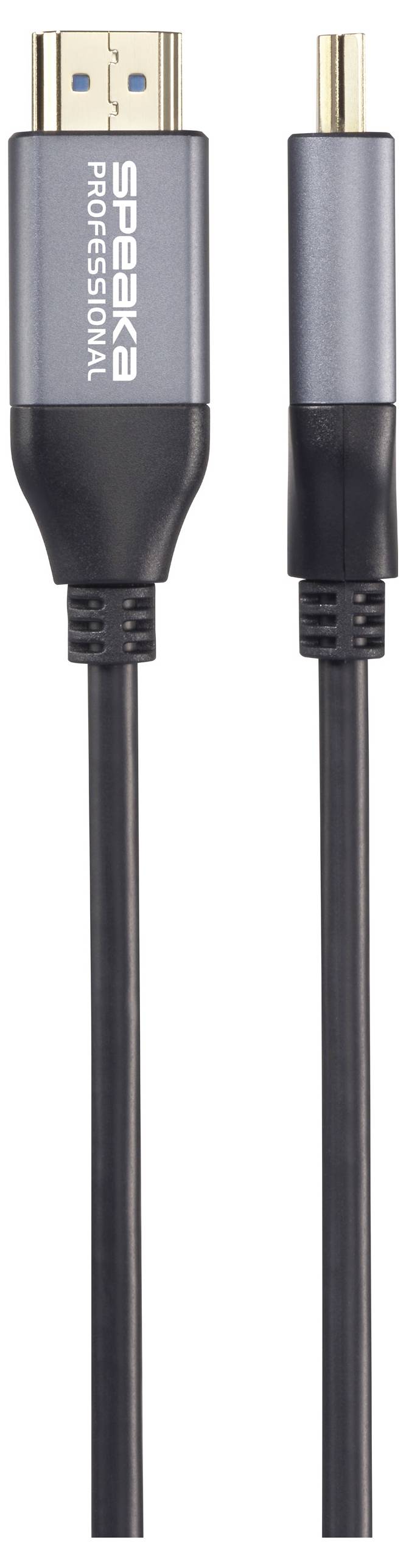 HDMI a DisplayPort kabely od SpeaKa Professional, černé, zobrazující konektory pro připojení elektronických zařízení.