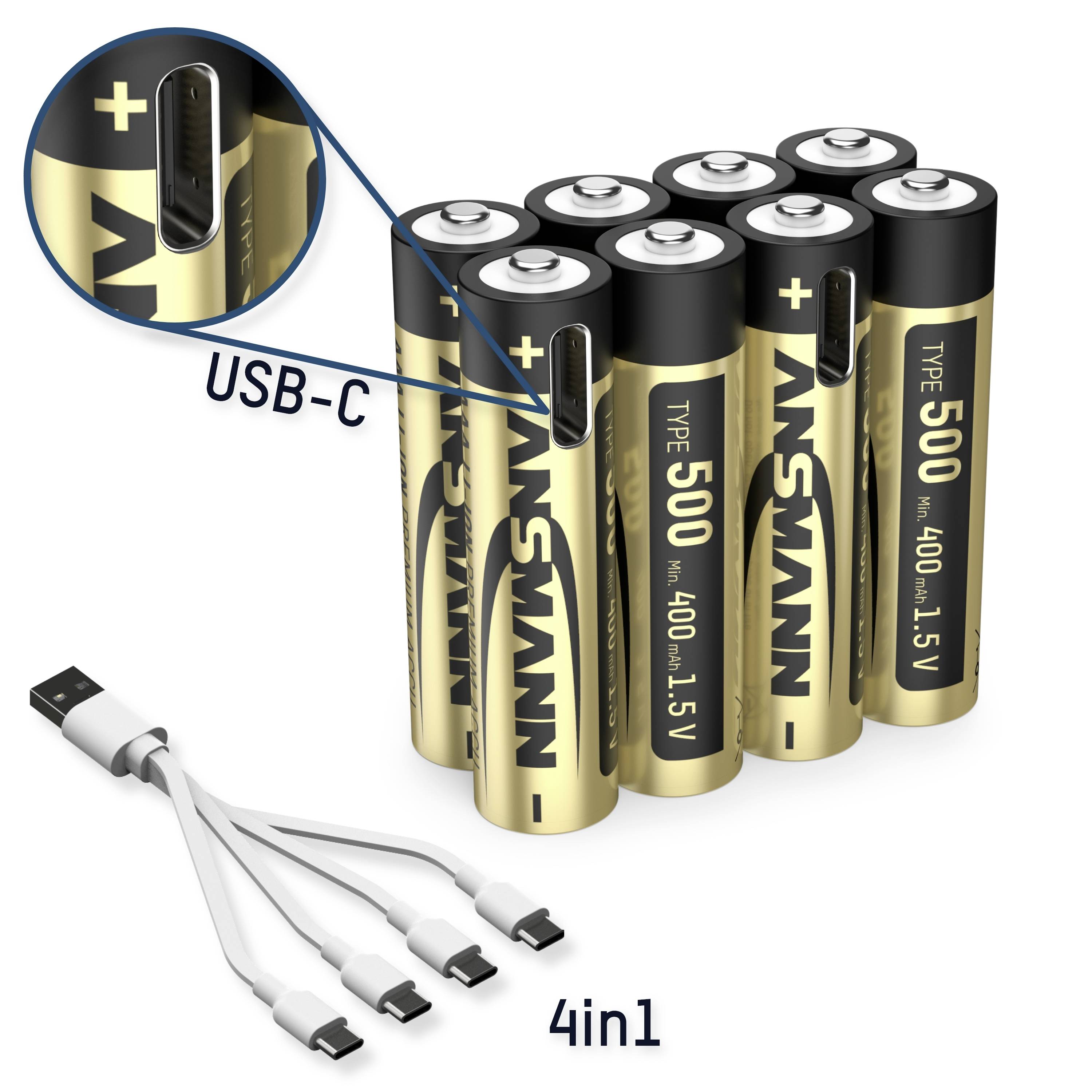 Sada dobíjecích baterií AA s USB-C nabíjecími porty a USB-C kabelem se čtyřmi konektory.