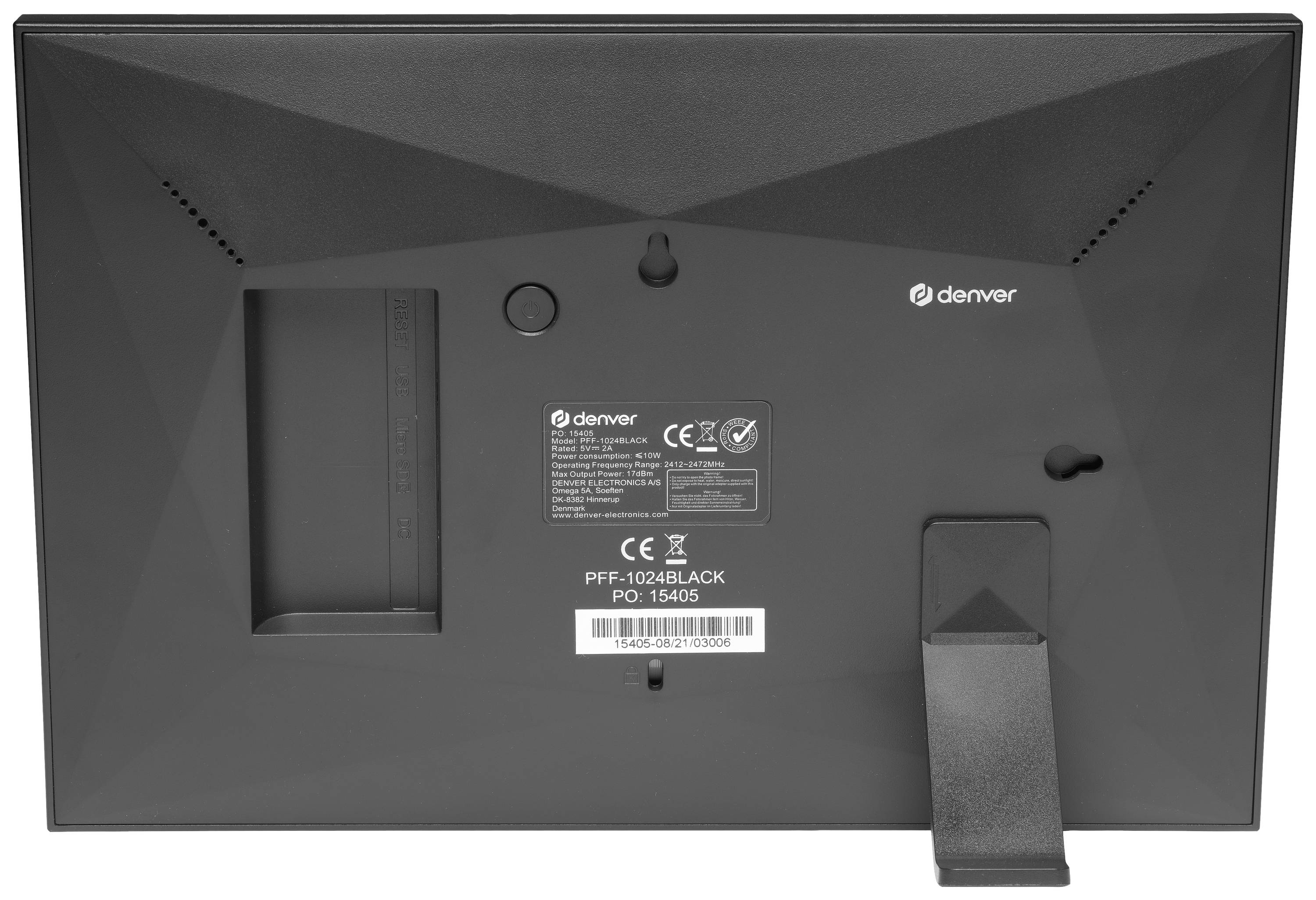 Zadní strana digitálního fotorámu s několika konektory a označeními, včetně sériového čísla a značky CE.