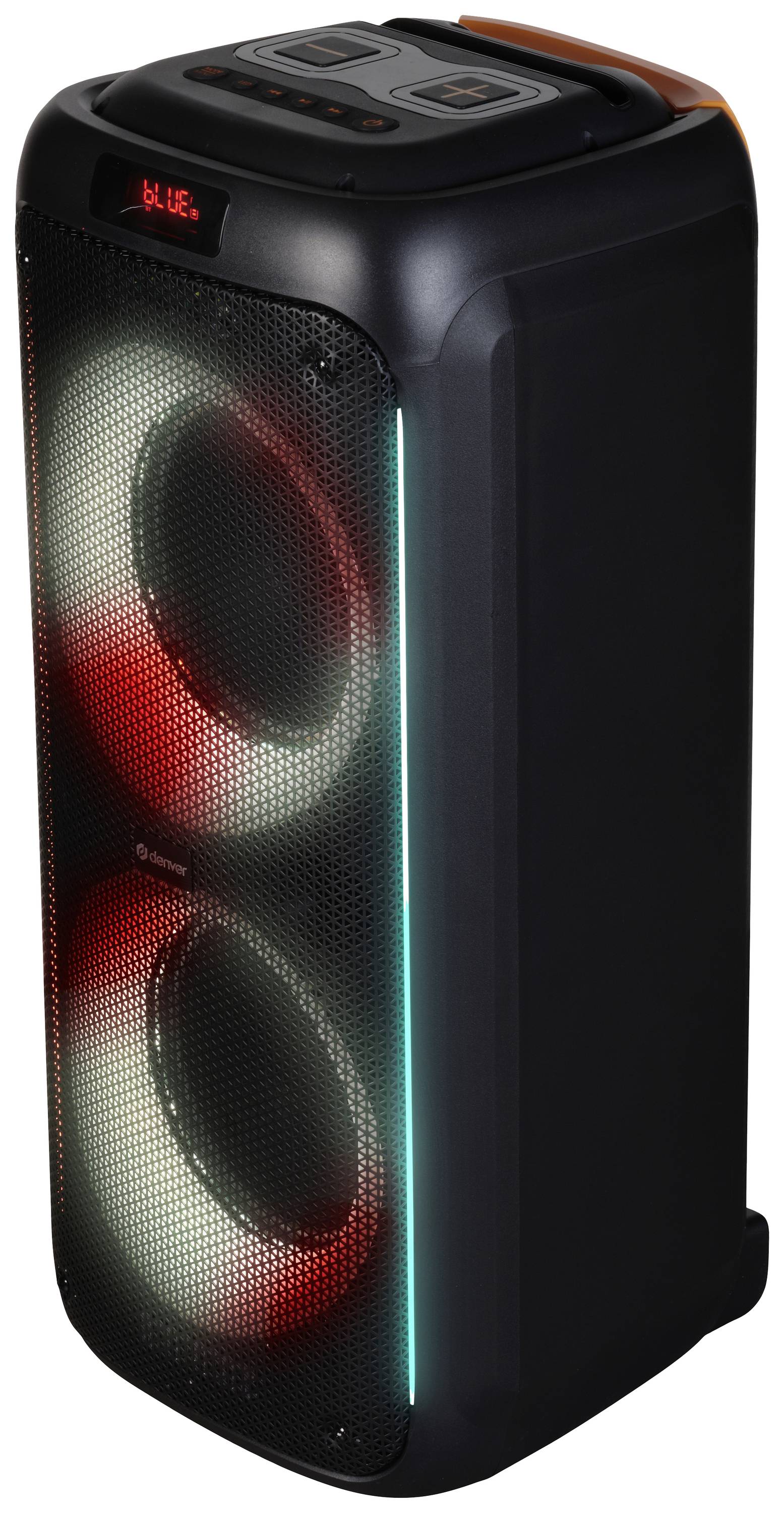 Černý bluetooth reproduktor s osvětlenými LED světly na přední straně ukazuje červené a modré barvy.