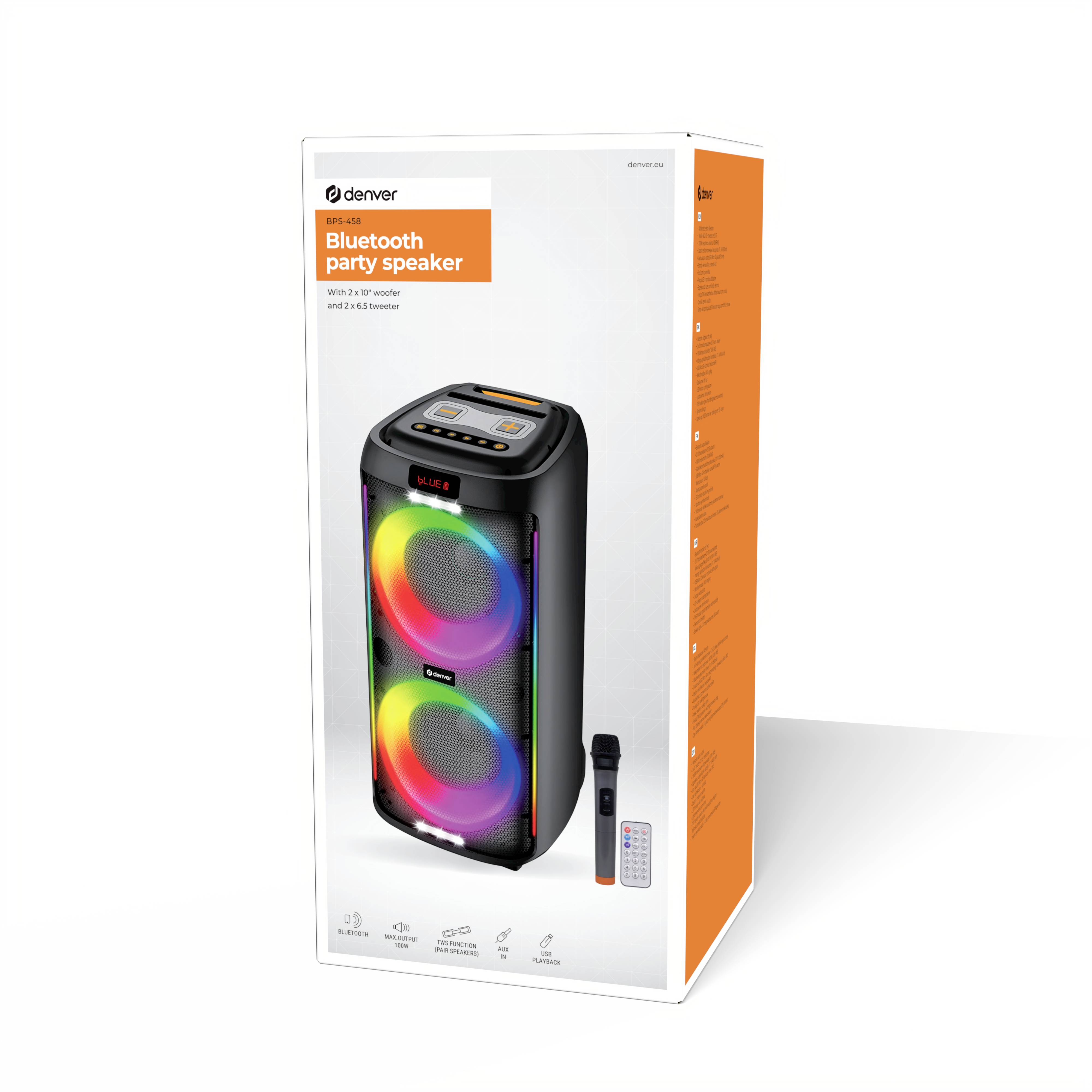 Balení párty Bluetooth reproduktoru značky Denver zobrazuje reproduktor s barevnými světelnými efekty, mikrofonem a dálkovým ovládáním.