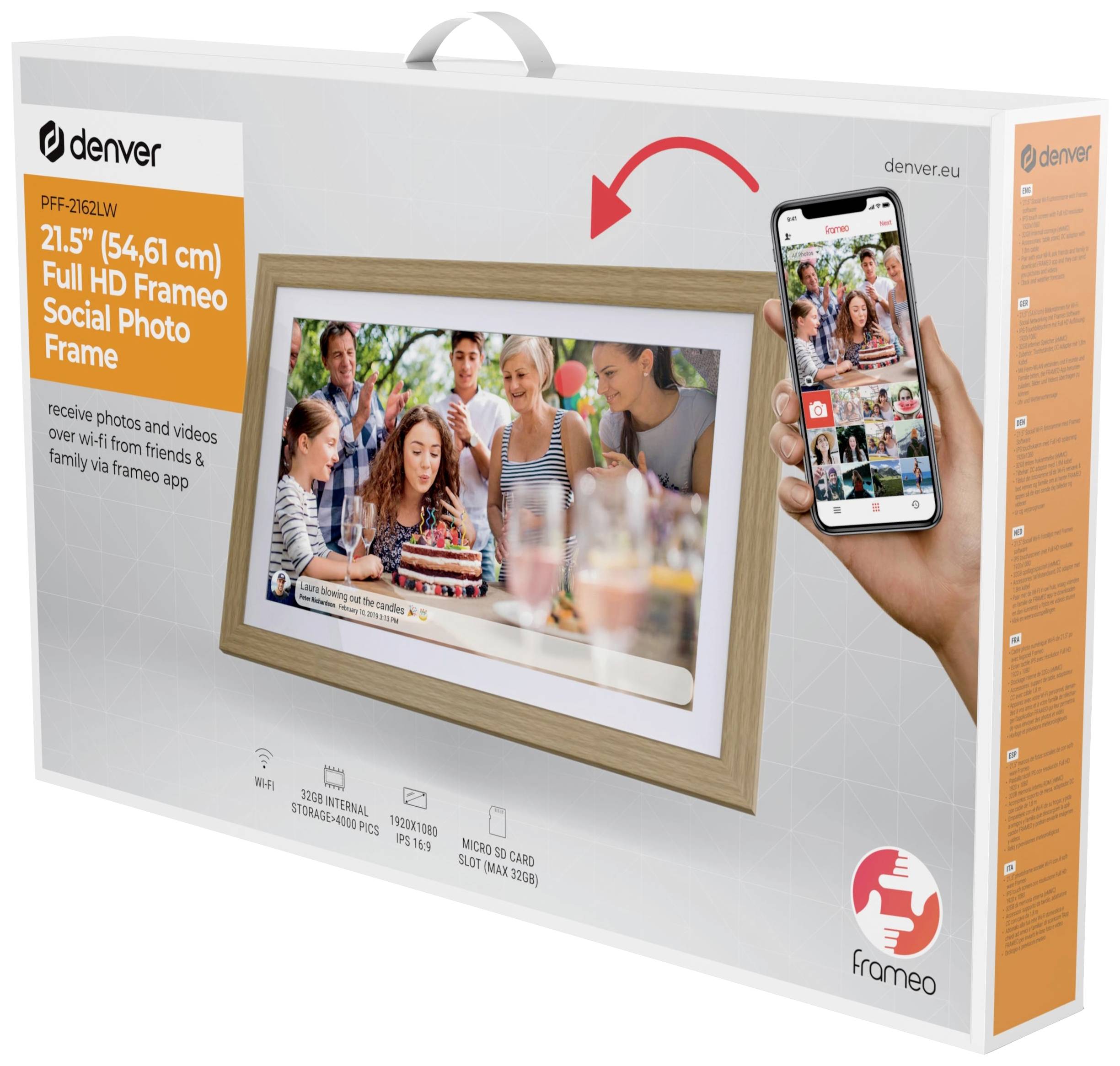 Rámeček na fotografie 21,5 palce s designem dřeva. Zobrazuje oslavu s dortem. Podporuje WiFi a aplikaci pro sdílení fotografií a videí.