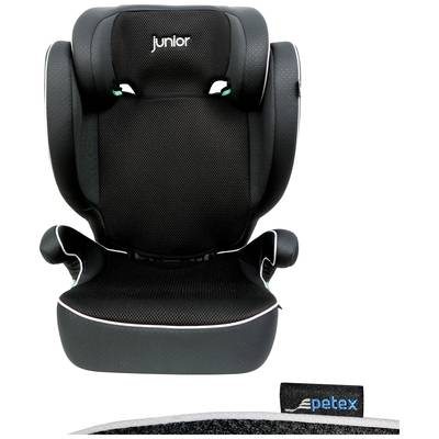 Černá dětská autosedačka s nápisem 'junior' nahoře. Značka 'petex' viditelná dole. Vhodná pro bezpečnou přepravu dětí v automobilu.