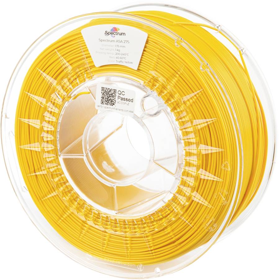 Žlutá 3D tiskové filamentové cívce z ASA plastu, průměr 1,75 mm, na průhledné cívce s etiketou a QR kódem.