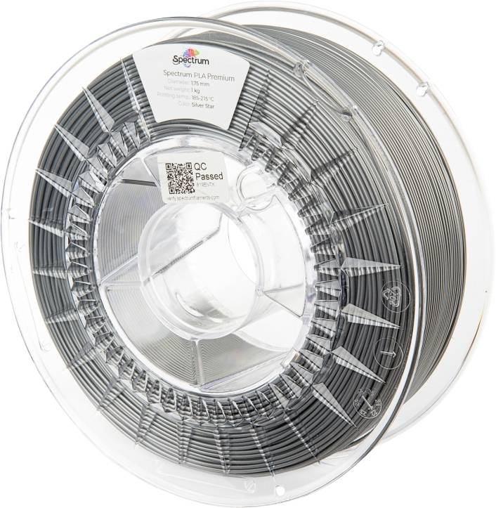 Průhledná cívka se stříbrně zabarveným 3D tiskových vláknem PLA od značky Spectrum, štítek označený 'Silver Star', průměr 1,75 mm.