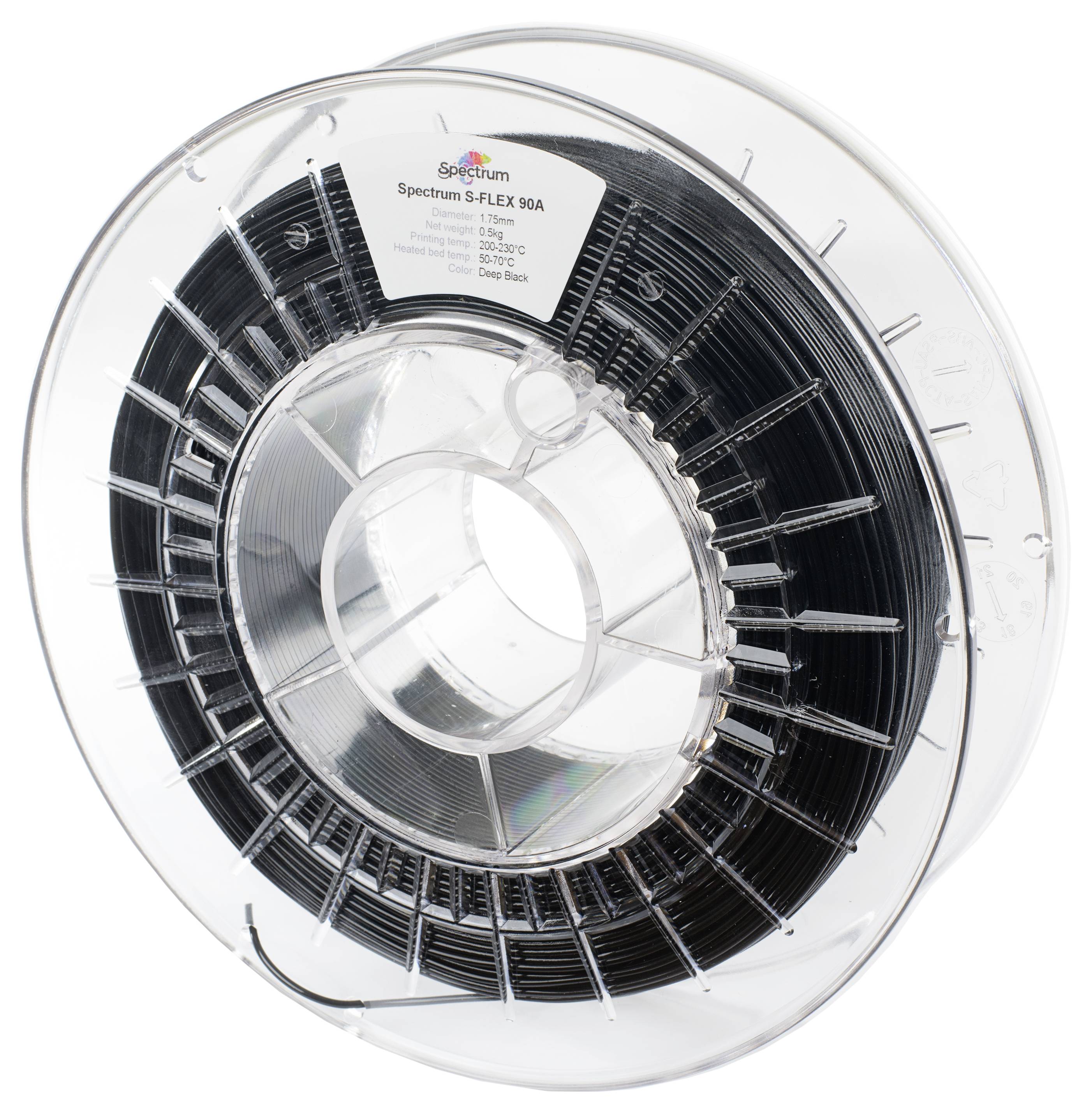 Cívka s černým 3D tiskovým filamentem, průměr 1,75 mm. Etiketa zobrazuje značku 'Spectrum S-FLEX 90A', materiál TPU, hmotnost 1 kg.