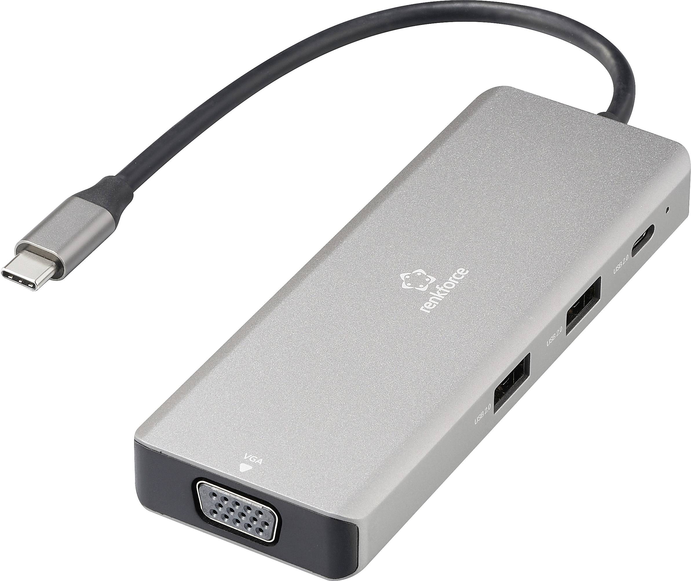 Stříbrný USB-C hub s několika porty, včetně VGA, USB a HDMI, navržený pro všestranné připojení.