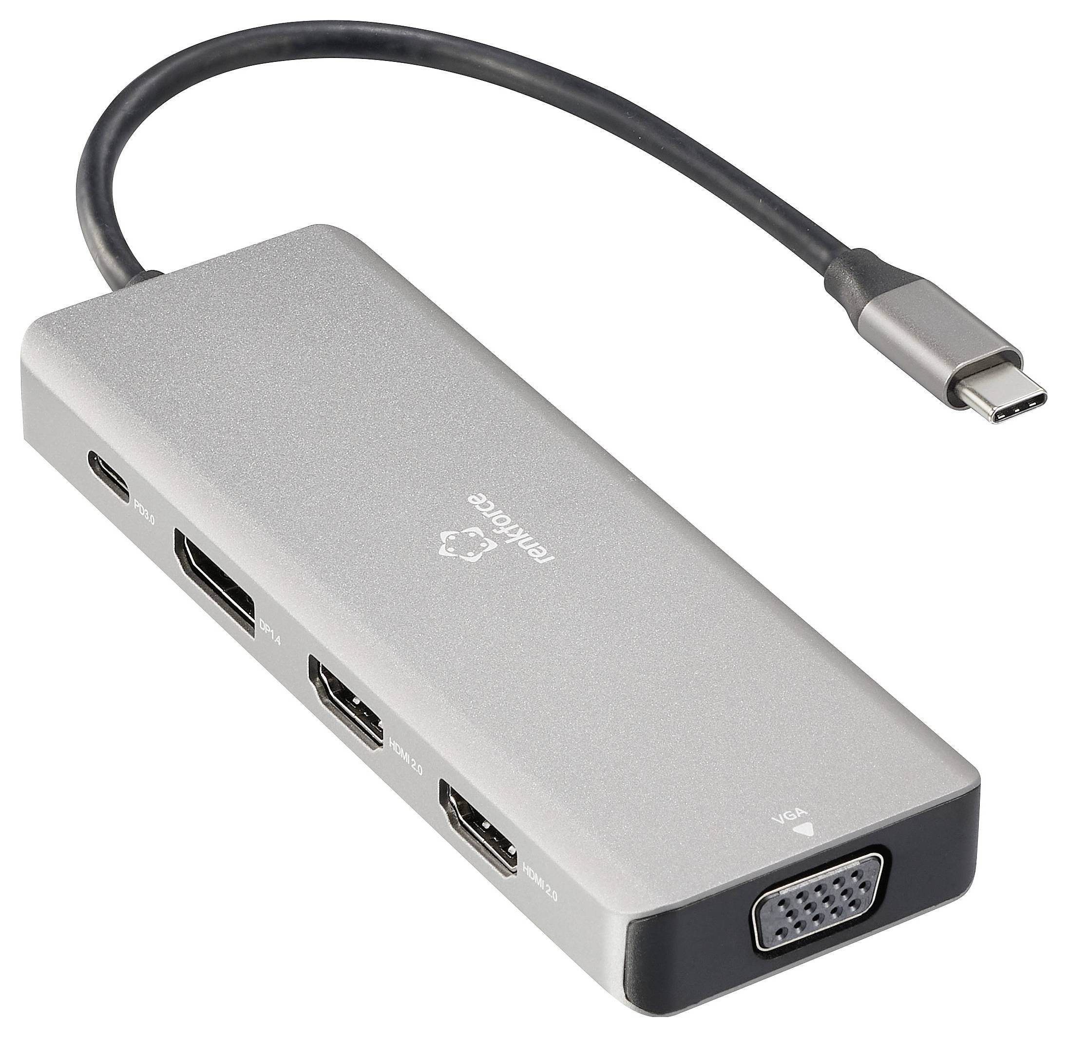 USB-C hub s několika porty: USB-C, VGA, HDMI a dva USB-A porty. Stříbrné tělo, kompaktní a přenosný.