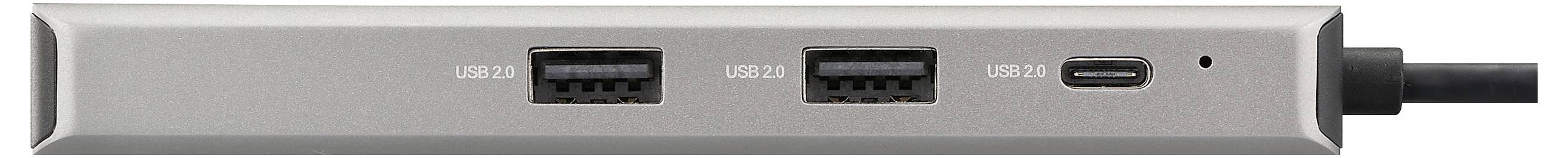 USB hub se dvěma USB-A porty a jedním USB-C portem, propojený kabelem.