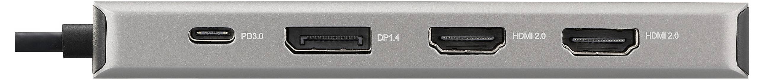 Adaptér s jedním konektorem USB-C a třemi konektory HDMI na přední straně ukazuje dostupné možnosti připojení.