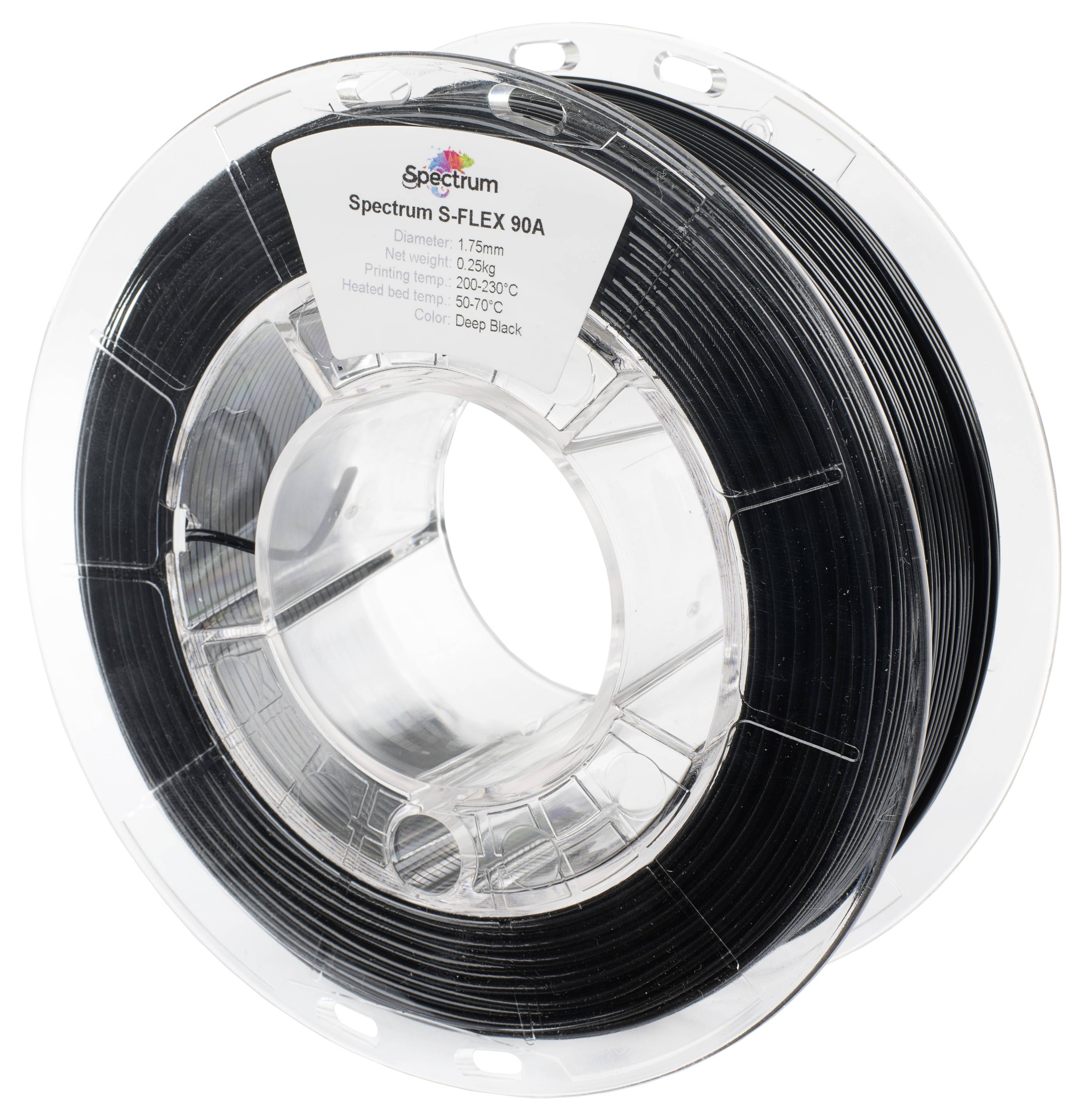 Černá 3D tiskařská role filamentu značky Spectrum, model S-Flex 90A, průměr 1,75 mm, navinutá na průhledné cívce.