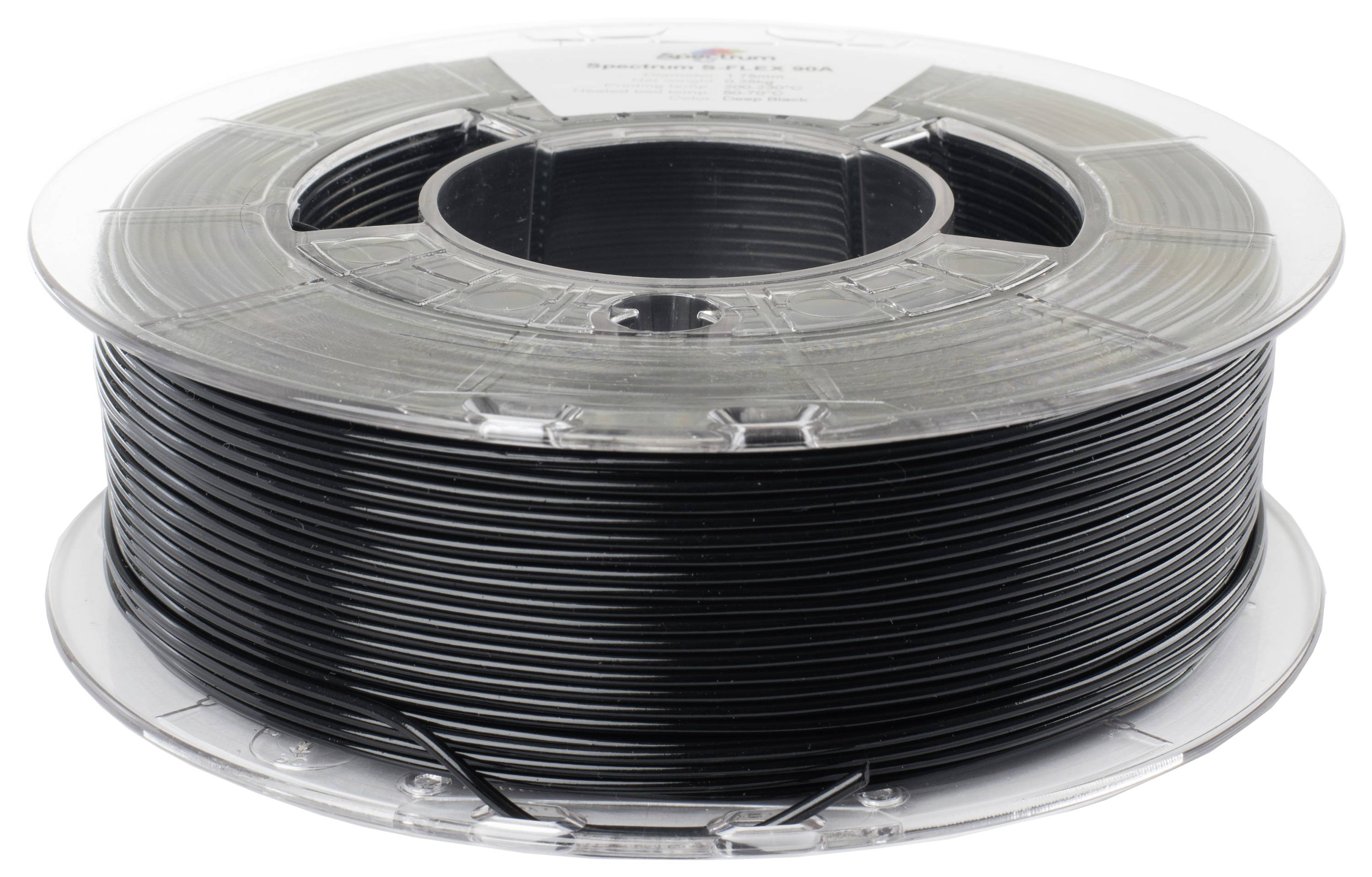 Černý 3D tiskový filament na cívce. Filament je rovnoměrně navinut a cívka je vyrobena z průhledného plastu.