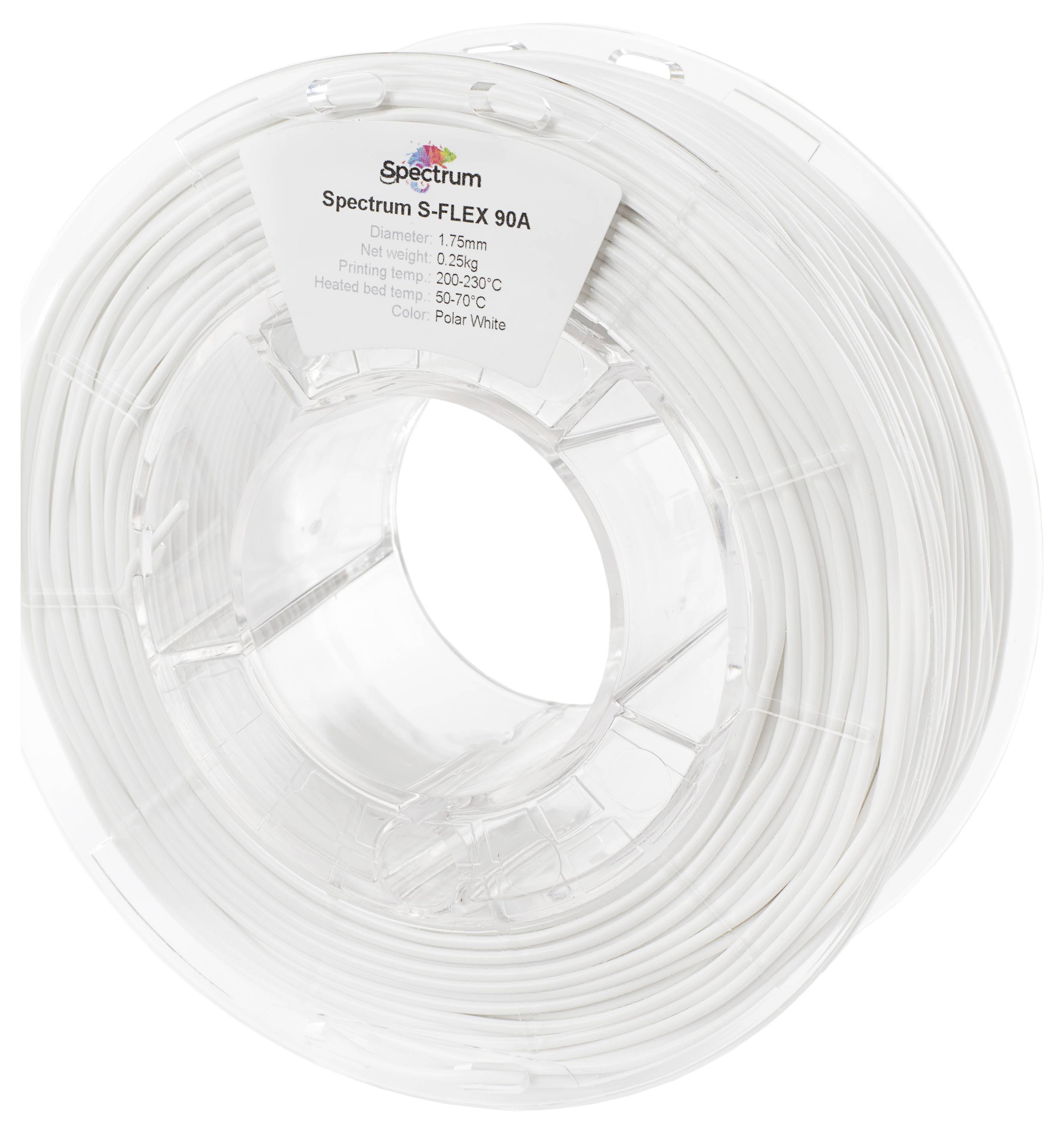 Bílá cívka filamentu s etiketou: 'Spectrum S-FLEX 90A', průměr: 1,75 mm, tolerance: ± 0,05 mm, teplota tisku: 200–230°C.