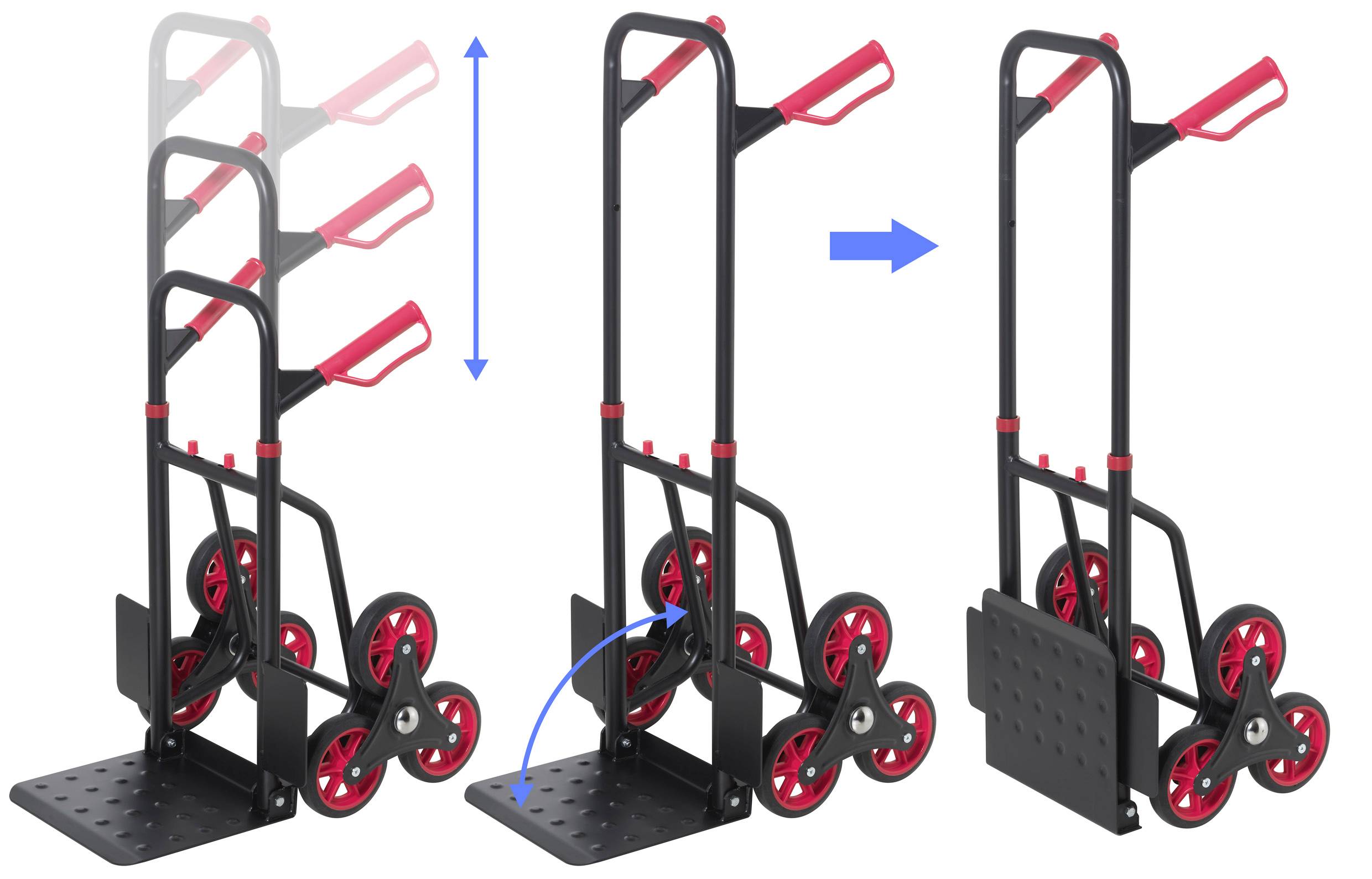 Transportní vozík "Treppensteiger Sackkarre" zobrazuje tři polohy: složenou, rozloženou a připravenou k použití. Kola jsou uspořádána ve třech řadách pro snadné zdolávání schodů.