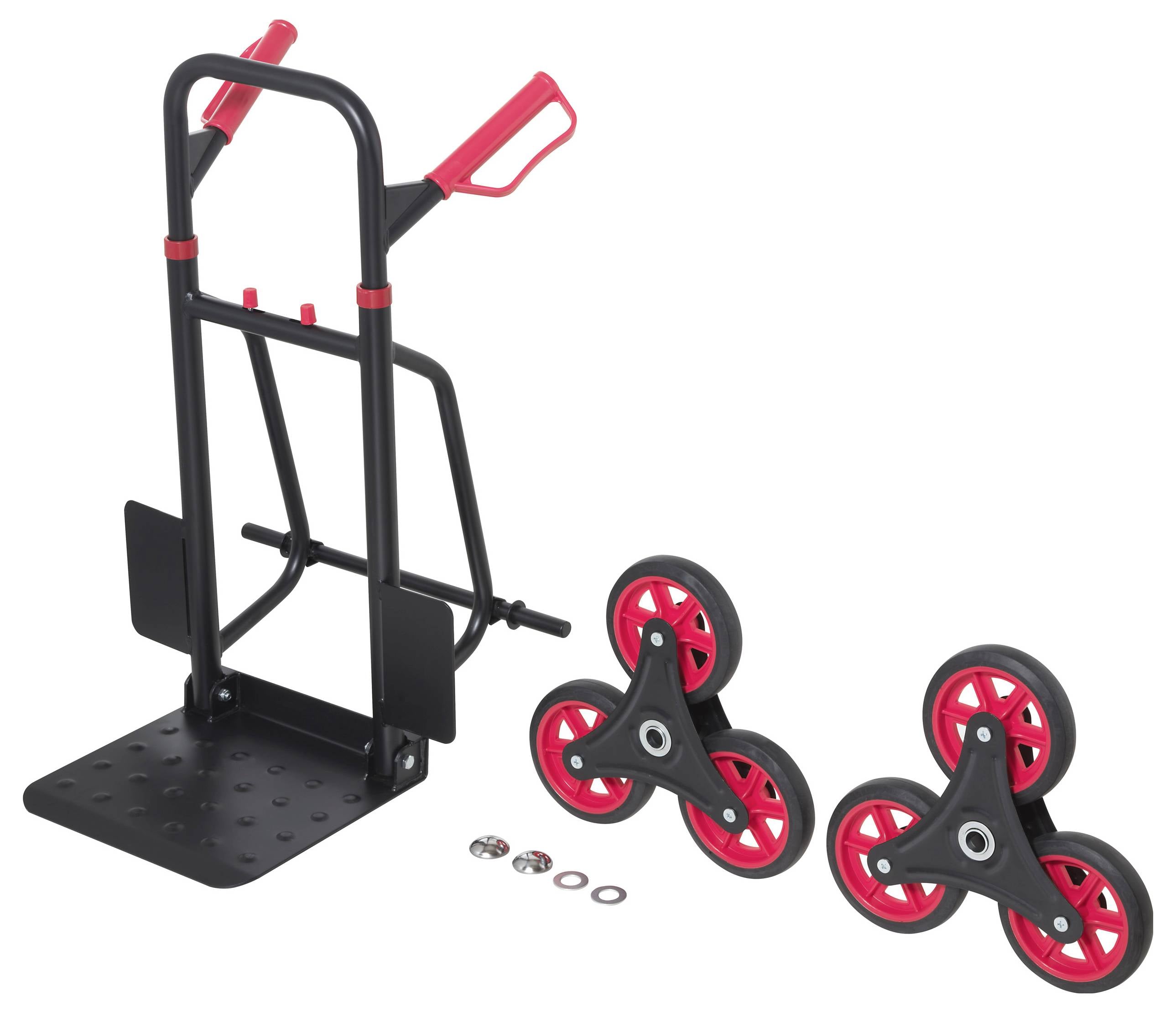 Černý a červený nákladní vozík se schodišťovým pojezdem se dvěma trojúhelníkovými sadami kol a malými upevňovacími díly, vhodný pro přepravu těžkých nákladů.