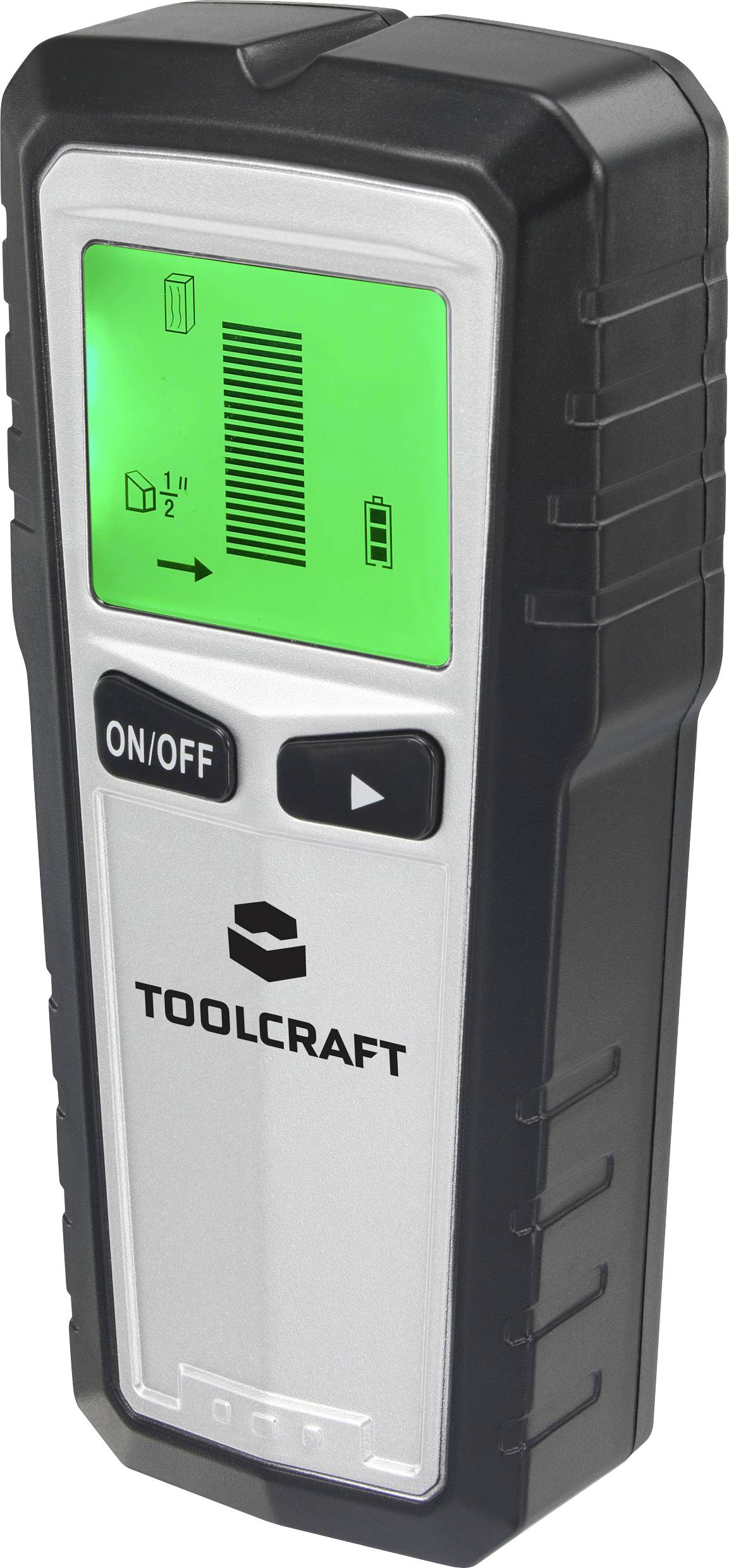 Digitální lokalizační přístroj se zeleným displejem zobrazuje různé měřené hodnoty. Přístroj má vypínač a logo 'TOOLCRAFT'.