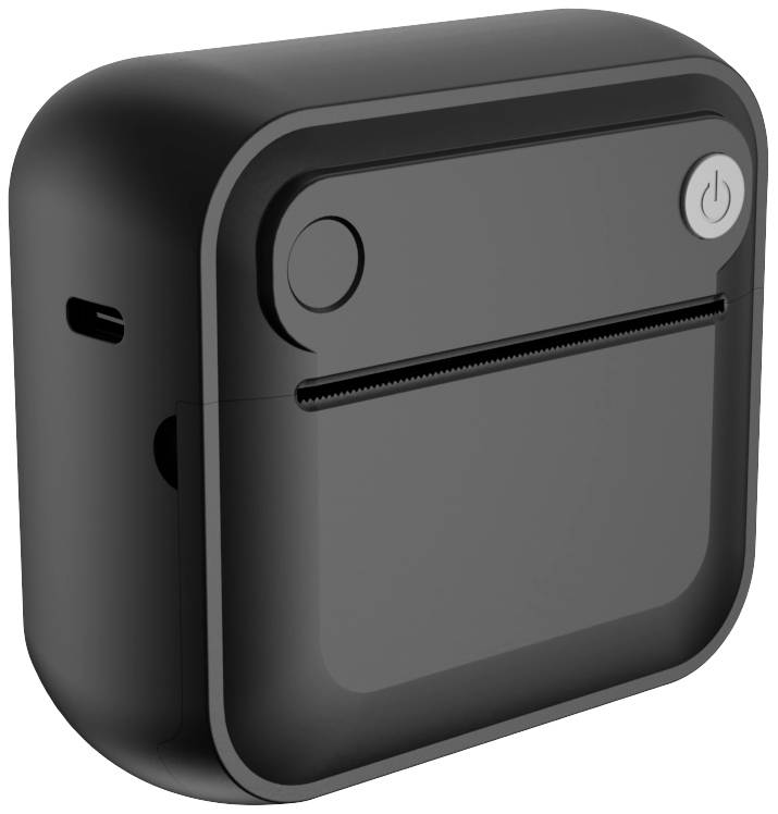 Černý, přenosný tiskárna štítků s USB připojením a dvěma tlačítky: jedním pro zapnutí a druhým pro výstup papíru.