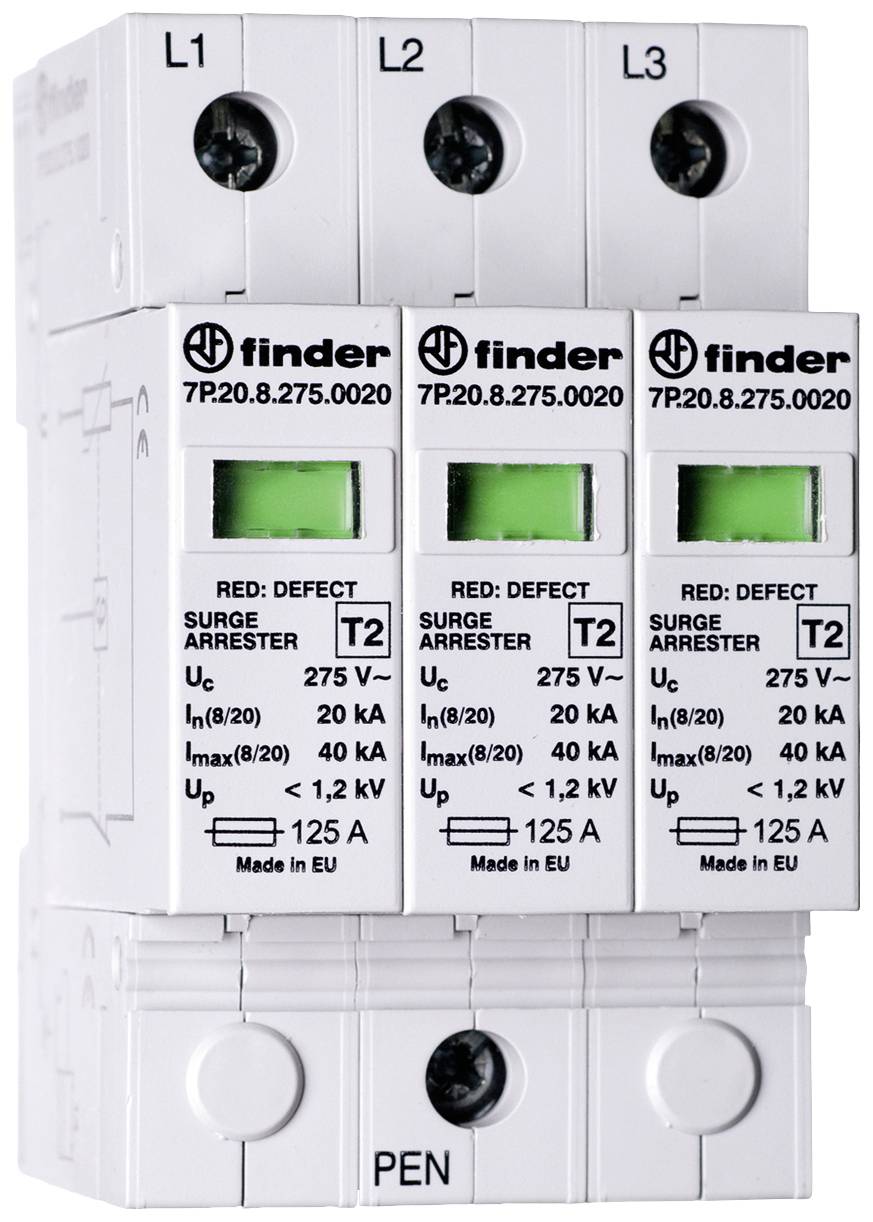 Třípólový svodič přepětí od firmy Finder se zelenými indikačními štítky a technickými informacemi, určený pro aplikace s napětím 275 V.