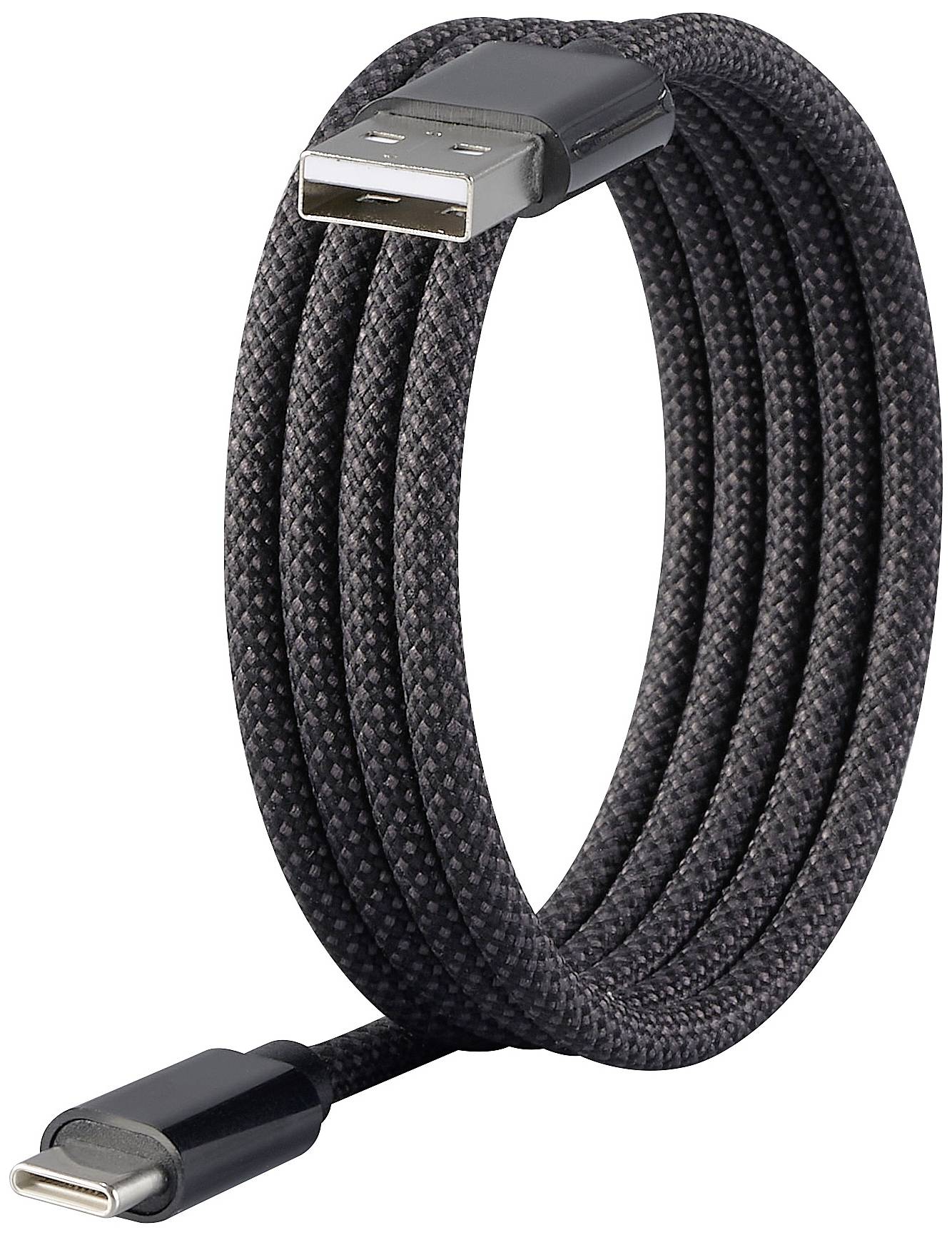Opletený černý USB kabel s USB-A konektorem na jedné straně a USB-C konektorem na straně druhé.