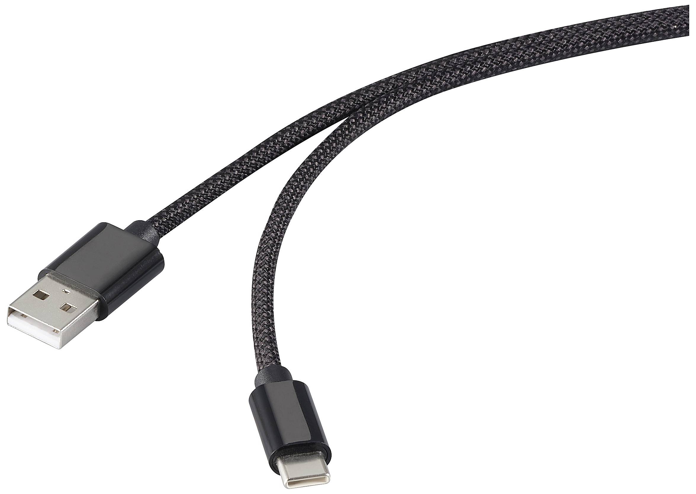 Černý USB kabel s USB-A konektorem na jedné straně a USB-C konektorem na straně druhé.
