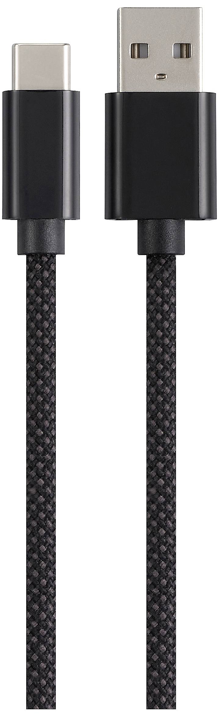 Černý nabíjecí kabel s konektory USB-C a USB-A na šedém pozadí.