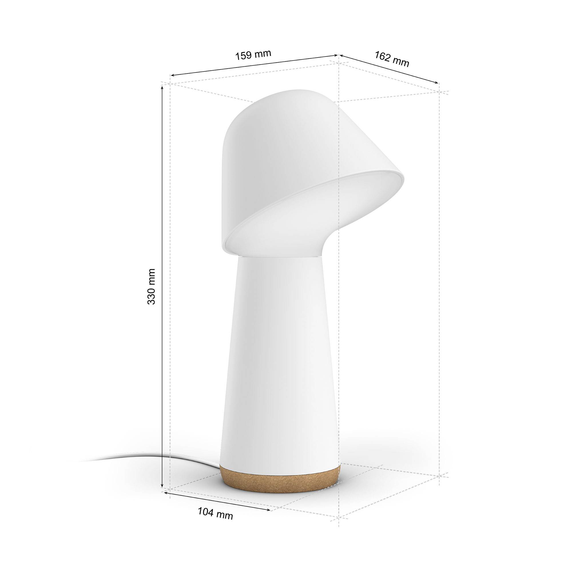 Bílá stolní lampa s nakloněným stínítkem, 330 mm vysoká. Základna 104 mm, šířka 159 mm, hloubka 162 mm. Síťový kabel připojen.