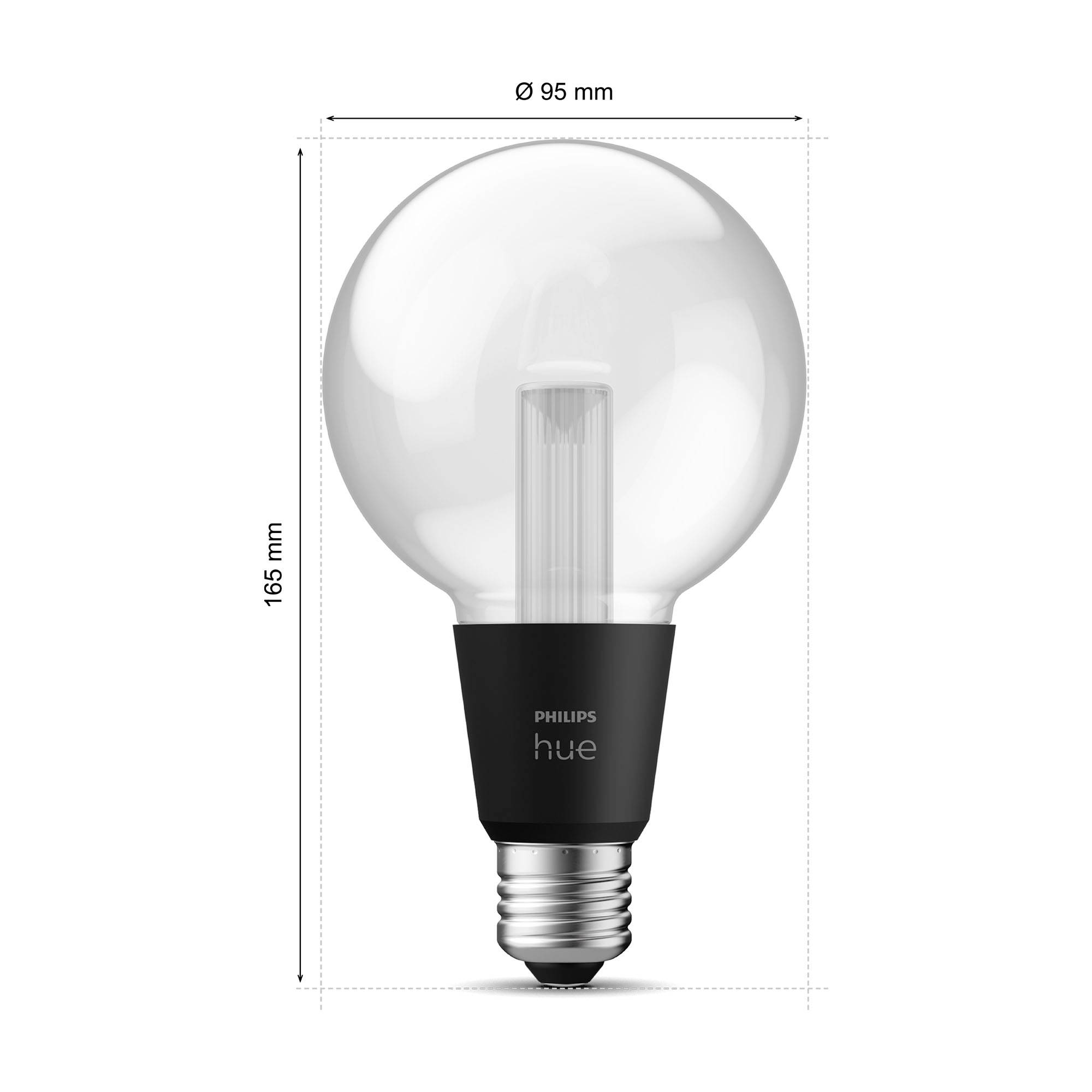 Žárovka s průhledným sklem, černou objímkou a logem Philips; výška 165 mm, průměr 95 mm.