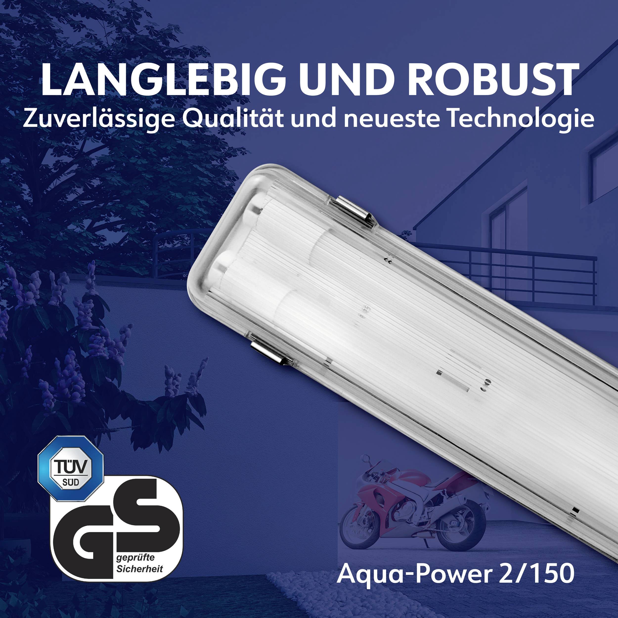 Obrázek zobrazuje robustní, protáhlou lampu nad textem 'Dlouhodobá a odolná'. Produkt certifikovaný TÜV s technologií Aqua-Power 2/150.