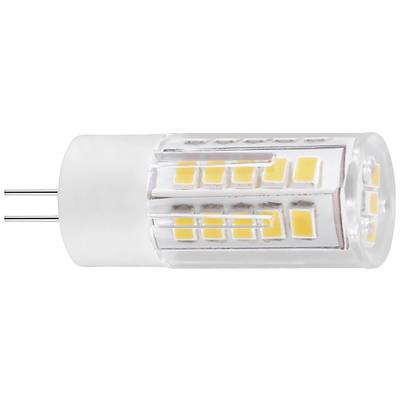 Malá G9-LED žárovka s několika žlutými LED diodami, válcovitého tvaru, s kolíky pro použití v příslušných patkách.