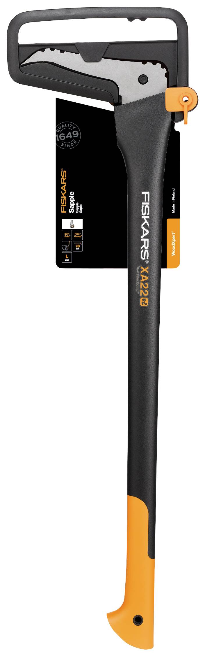Sekera Fiskars, model X29, s černou rukojetí a lesklým stříbrným ostřím. Vhodná pro štípání velkých kusů dřeva.