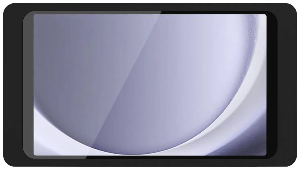 Tablet s černým rámečkem a abstraktním, kruhovým vzorem na obrazovce.