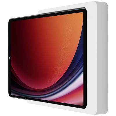 Moderní tablet s osvětleným displejem v bílém rámu, vznášející se před bílým pozadím, pohled z boku.