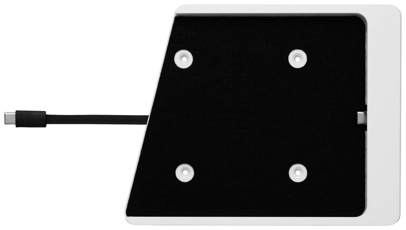 Černený držák monitoru se čtyřmi upevňovacími body a kabelem USB-C.