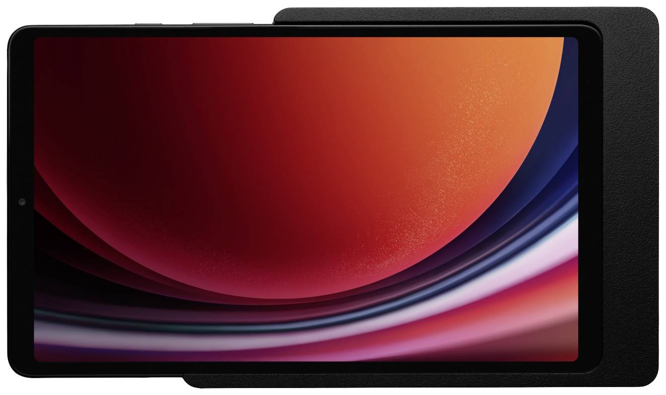 Tablet s černým rámečkem zobrazuje abstraktní obraz v červené a fialové barvě na svém displeji.