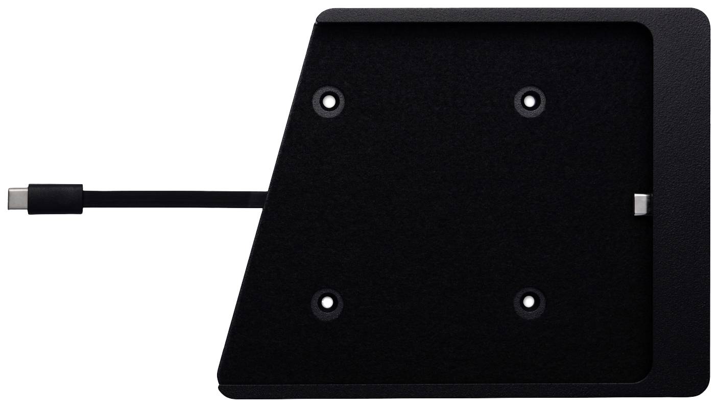 Černá nabíjecí podložka se zaoblenými tvary a USB-C konektorem.