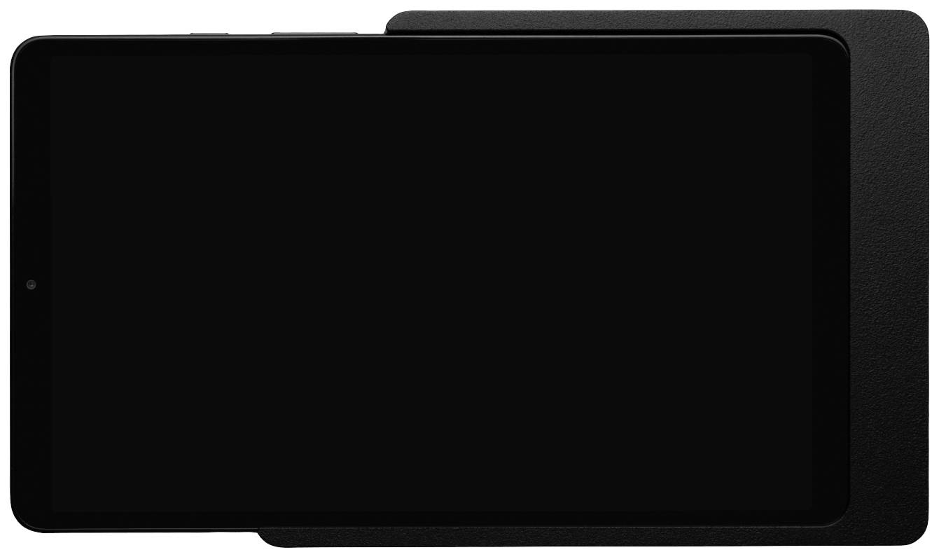 Černý tablet leží na větším černém obdélníku, pravděpodobně krytu nebo povrchu.