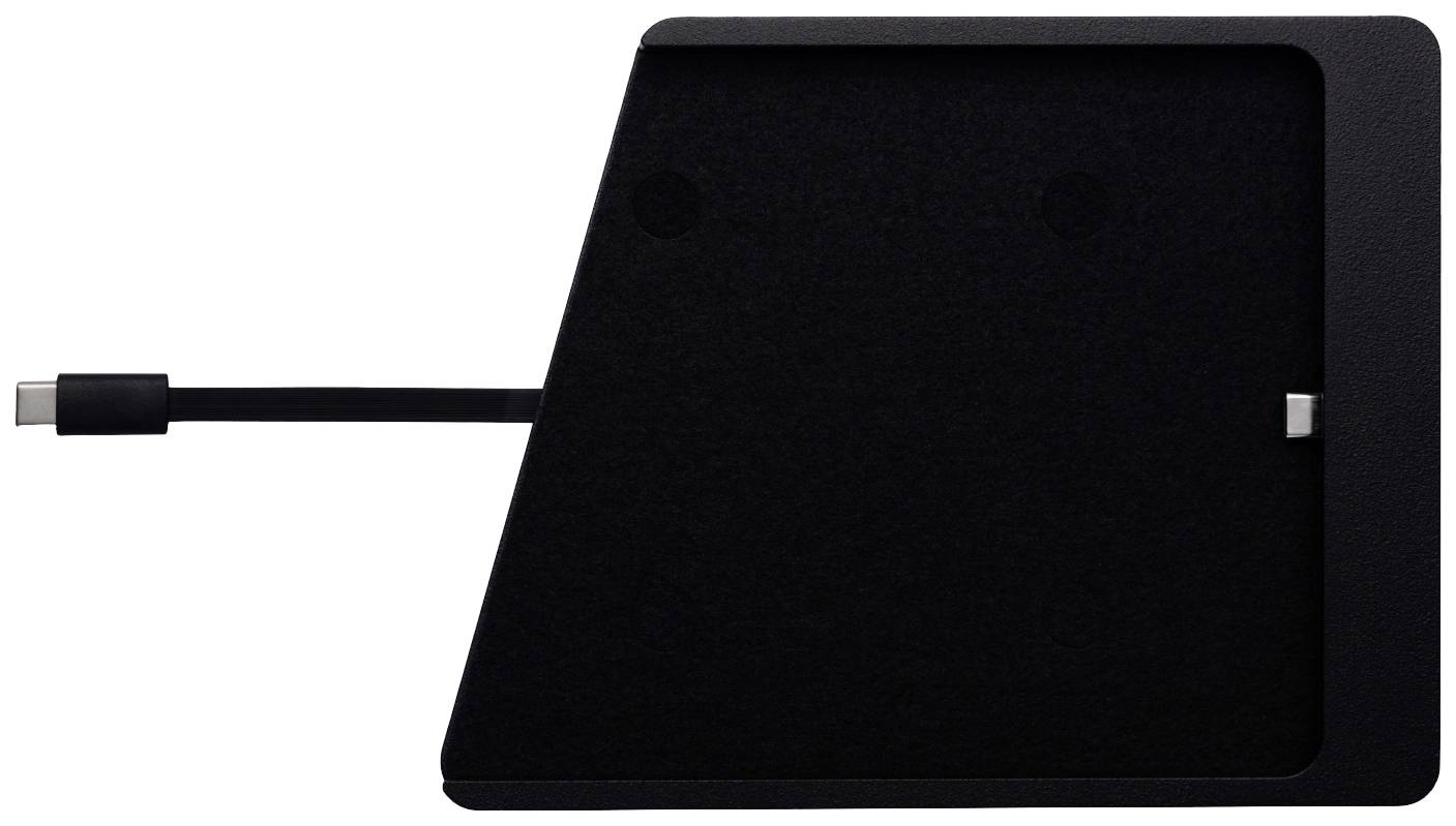 Černá, lichoběžníkovitá nabíječka s kabelem USB-C. Navržena pro bezproblémovou integraci do stolní plochy.